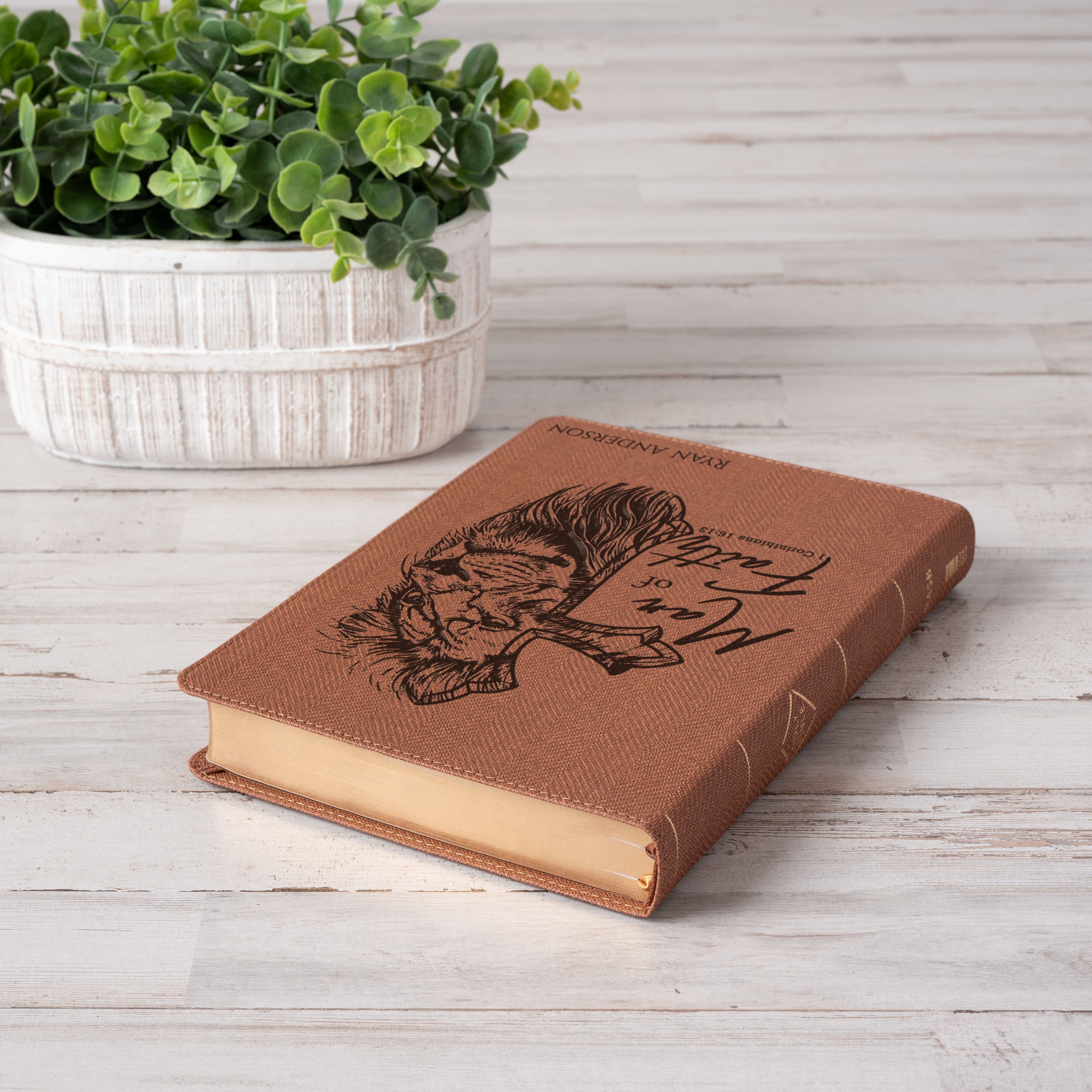 Personalized NASB Bible, Man of Faith Lion Design, Custom Engraved Name, Christian & Baptism Gift