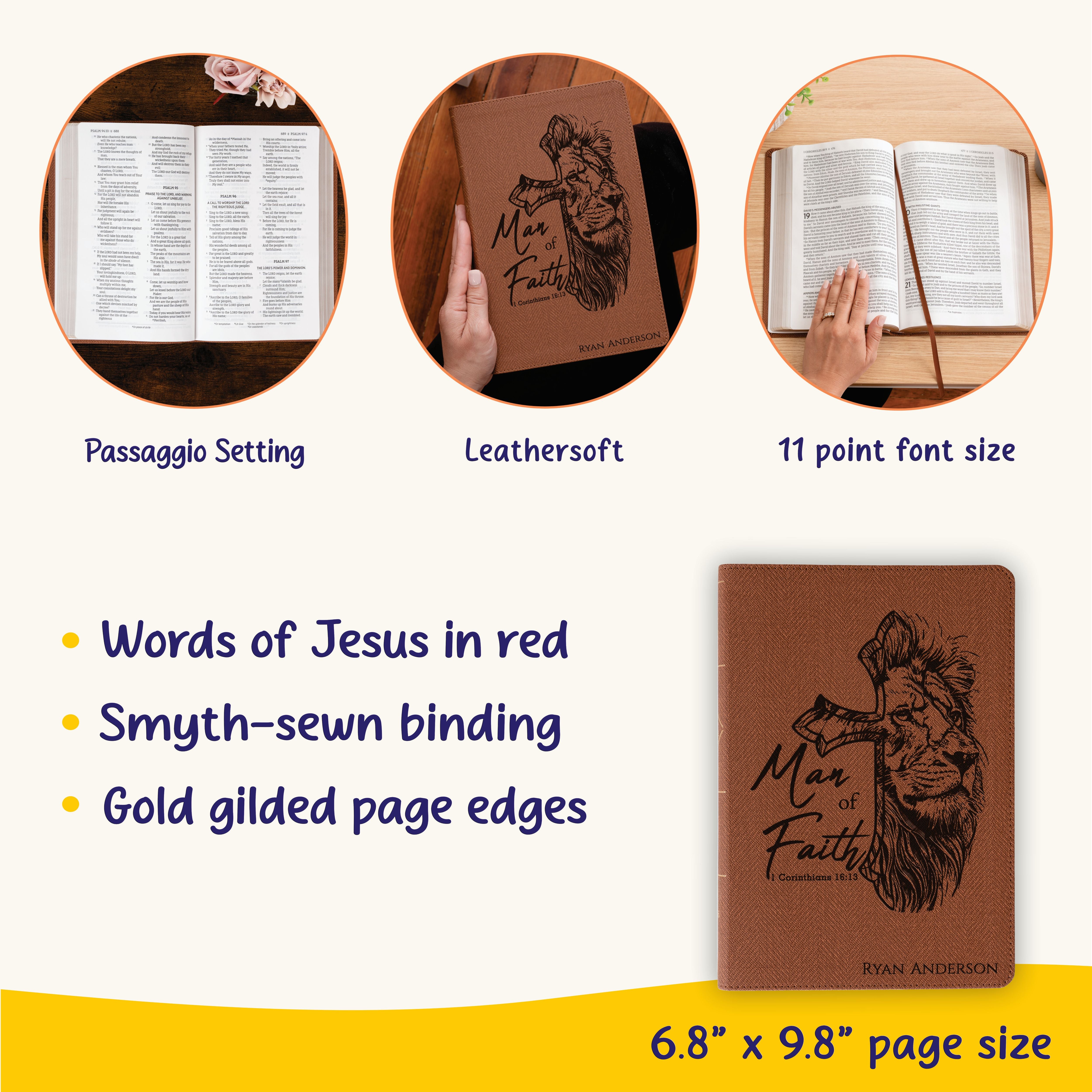 Personalized NASB Bible, Man of Faith Lion Design, Custom Engraved Name, Christian & Baptism Gift