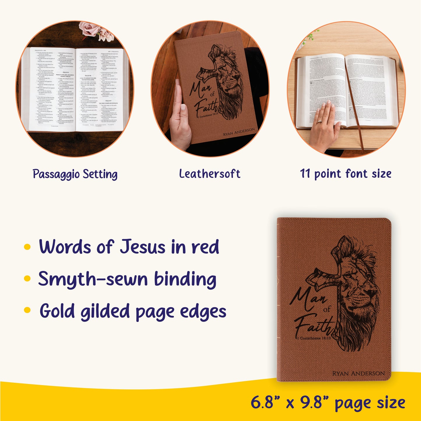Personalized NASB Bible, Man of Faith Lion Design, Custom Engraved Name, Christian & Baptism Gift