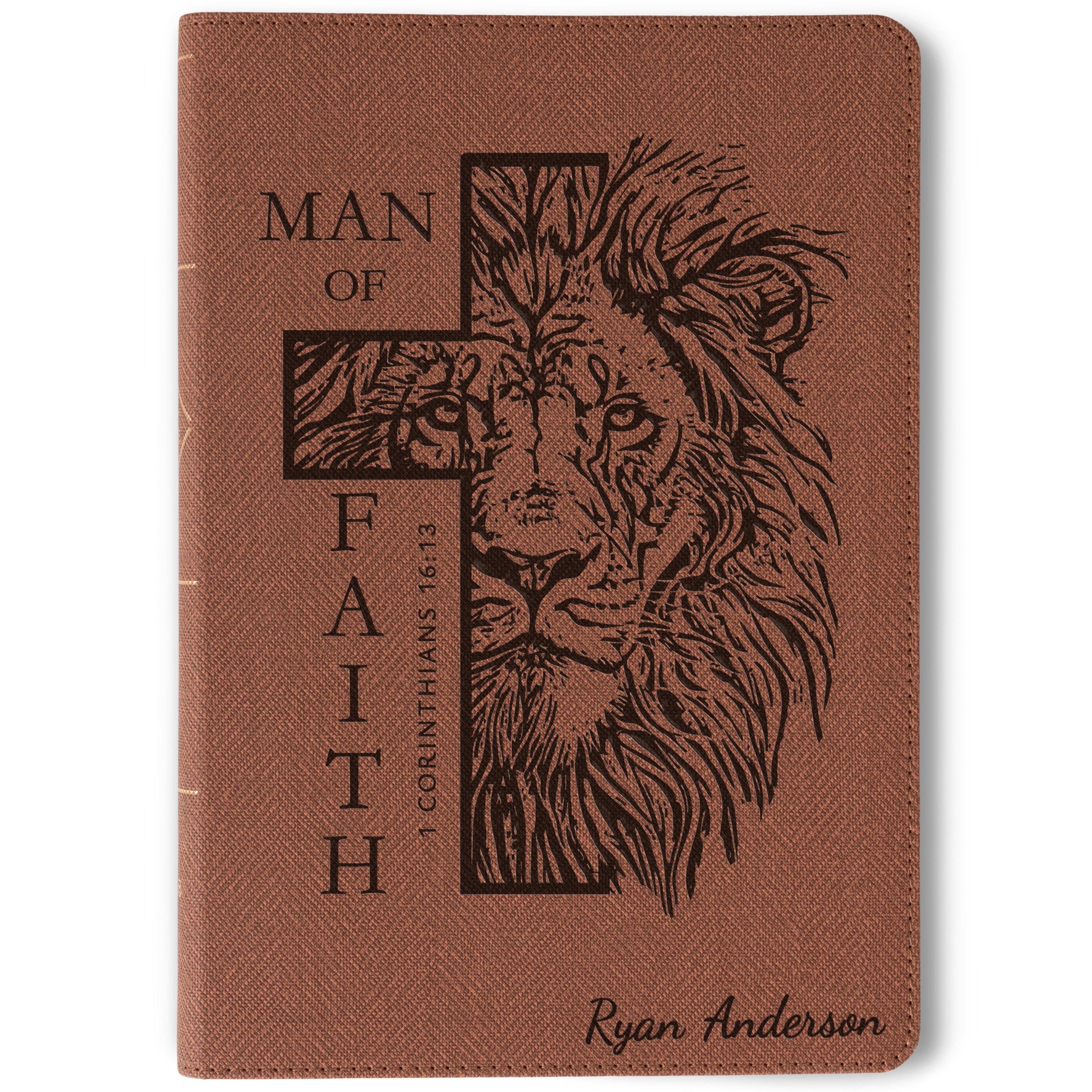 Personalized NASB Bible, Man of Faith Lion Design, Custom Engraved Name, Christian & Baptism Gift