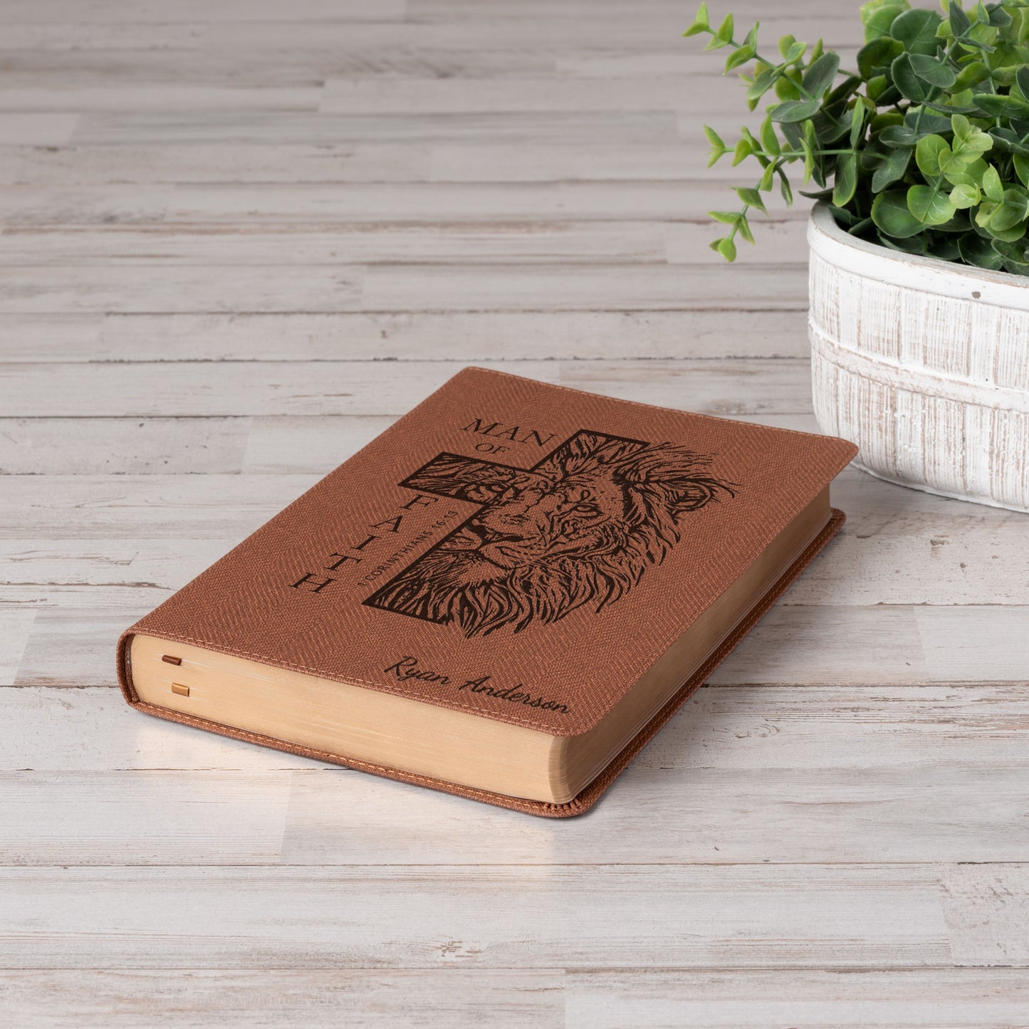 Personalized NASB Bible, Man of Faith Lion Design, Custom Engraved Name, Christian & Baptism Gift