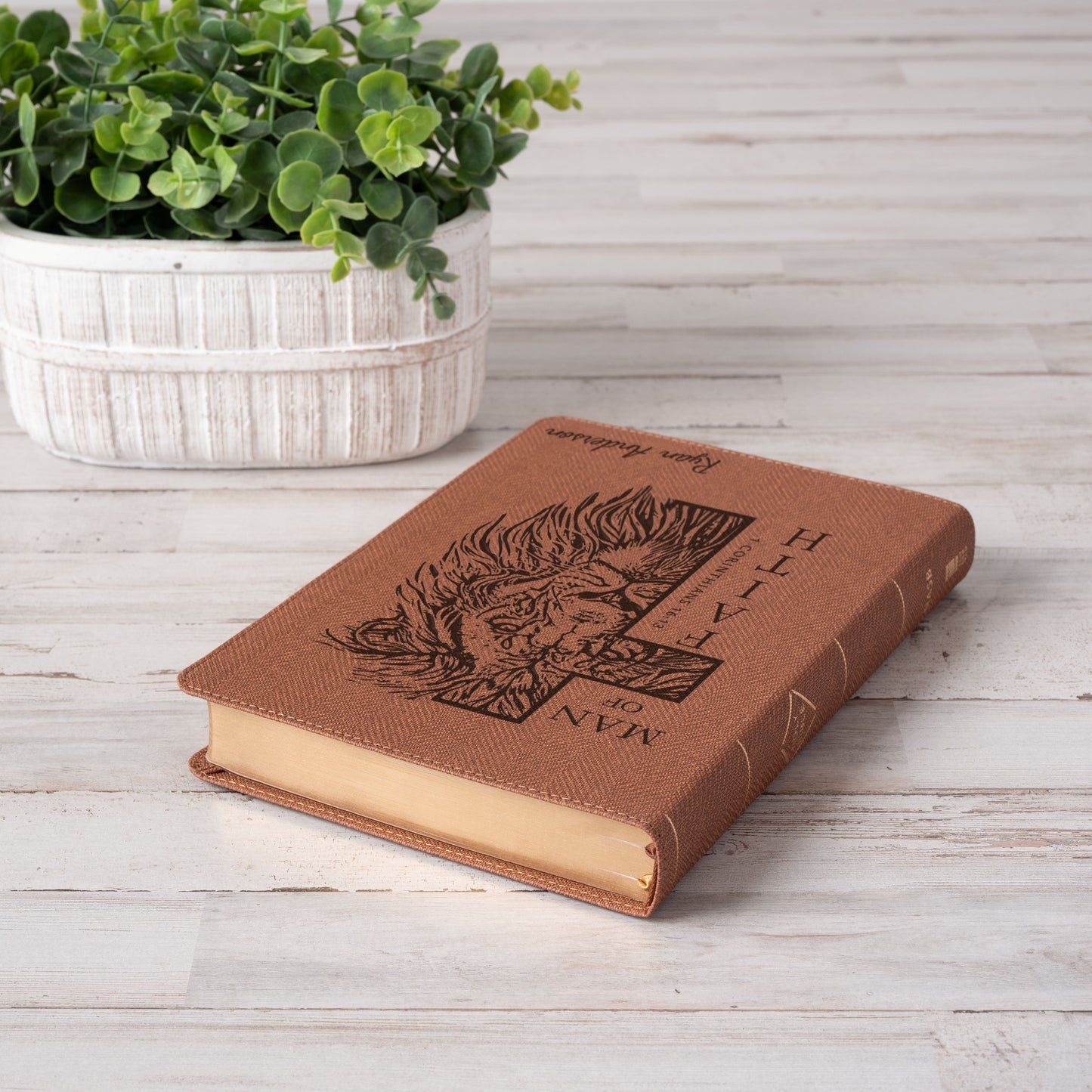 Personalized NASB Bible, Man of Faith Lion Design, Custom Engraved Name, Christian & Baptism Gift