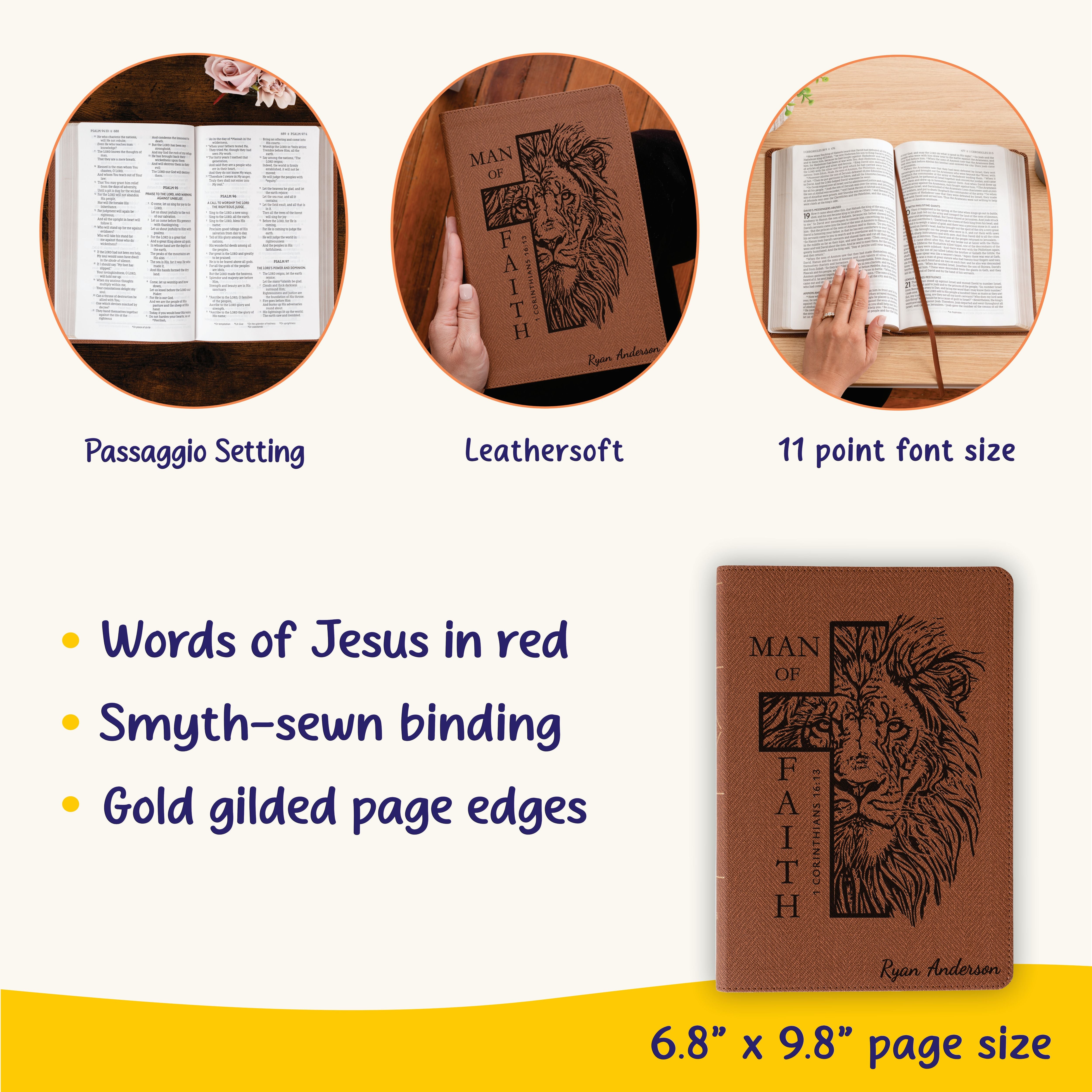 Personalized NASB Bible, Man of Faith Lion Design, Custom Engraved Name, Christian & Baptism Gift
