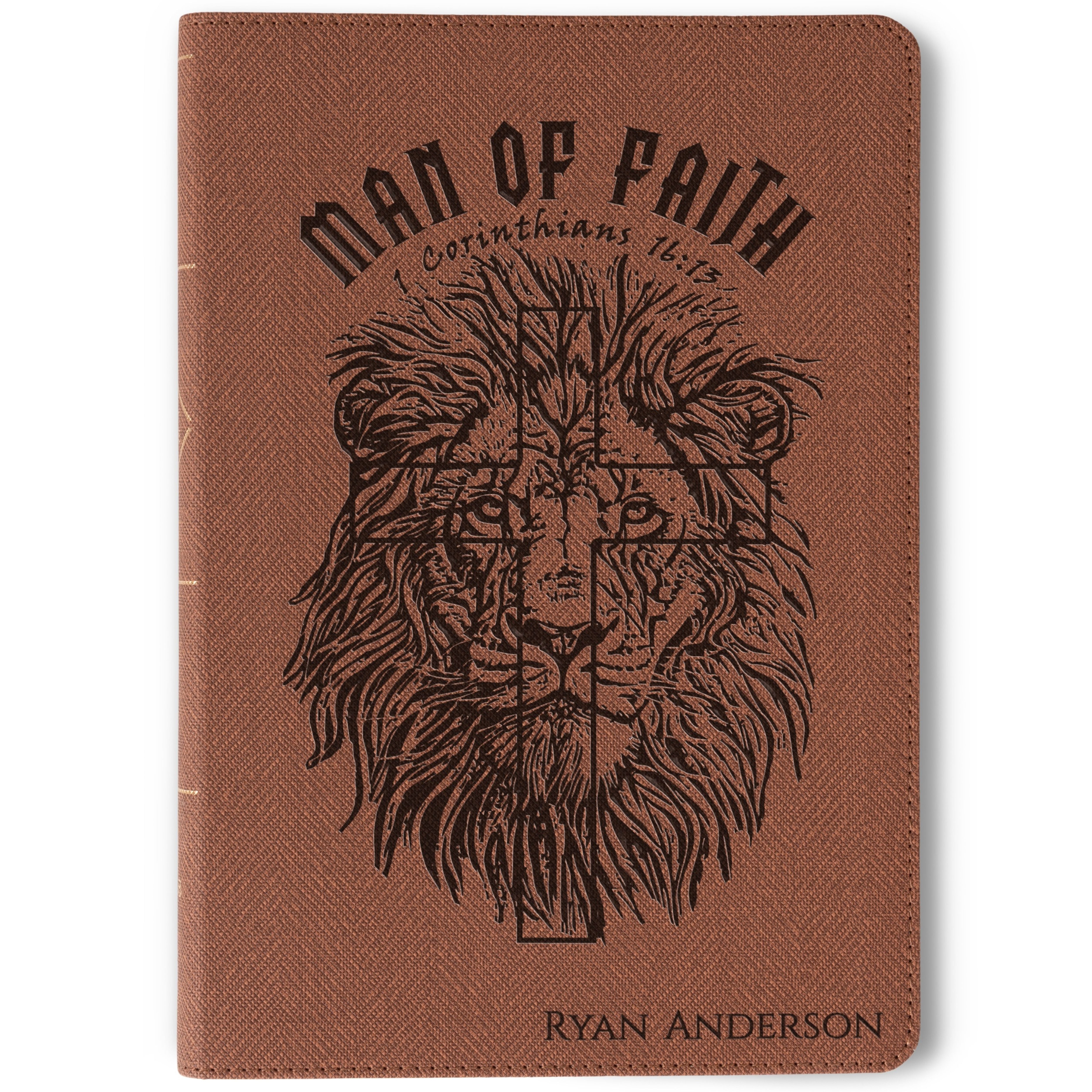 Personalized NASB Bible, Man of Faith Lion Design, Custom Engraved Name, Christian & Baptism Gift