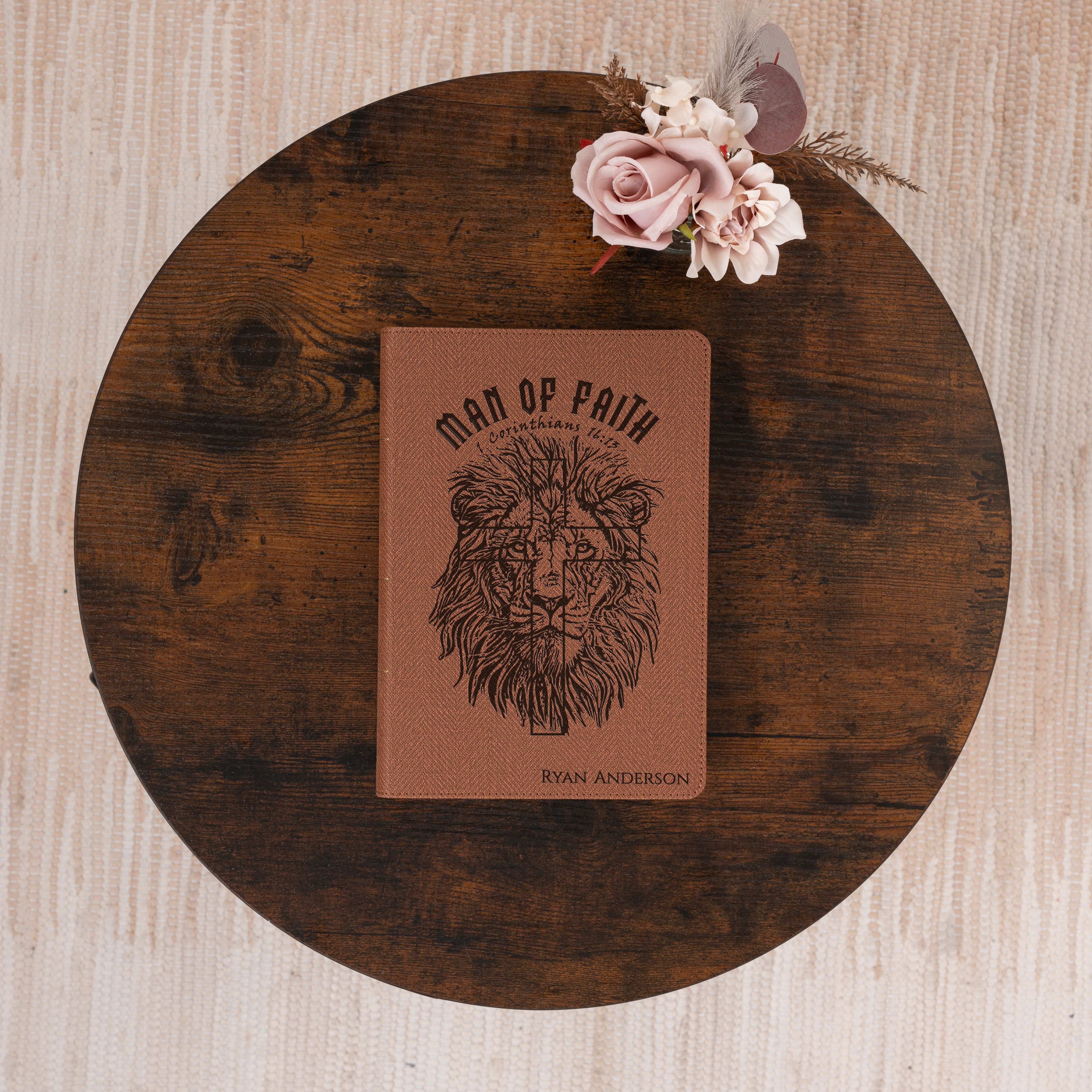 Personalized NASB Bible, Man of Faith Lion Design, Custom Engraved Name, Christian & Baptism Gift