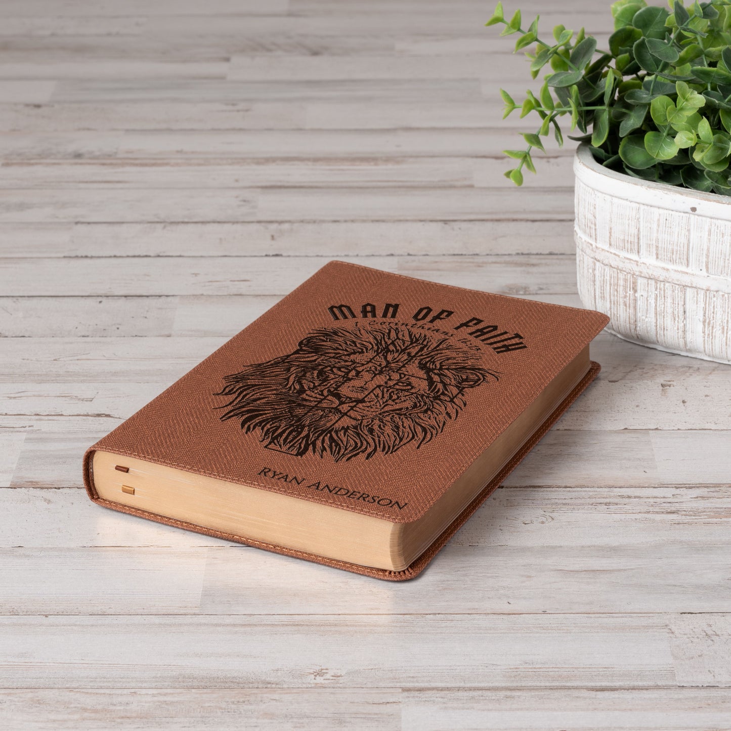 Personalized NASB Bible, Man of Faith Lion Design, Custom Engraved Name, Christian & Baptism Gift