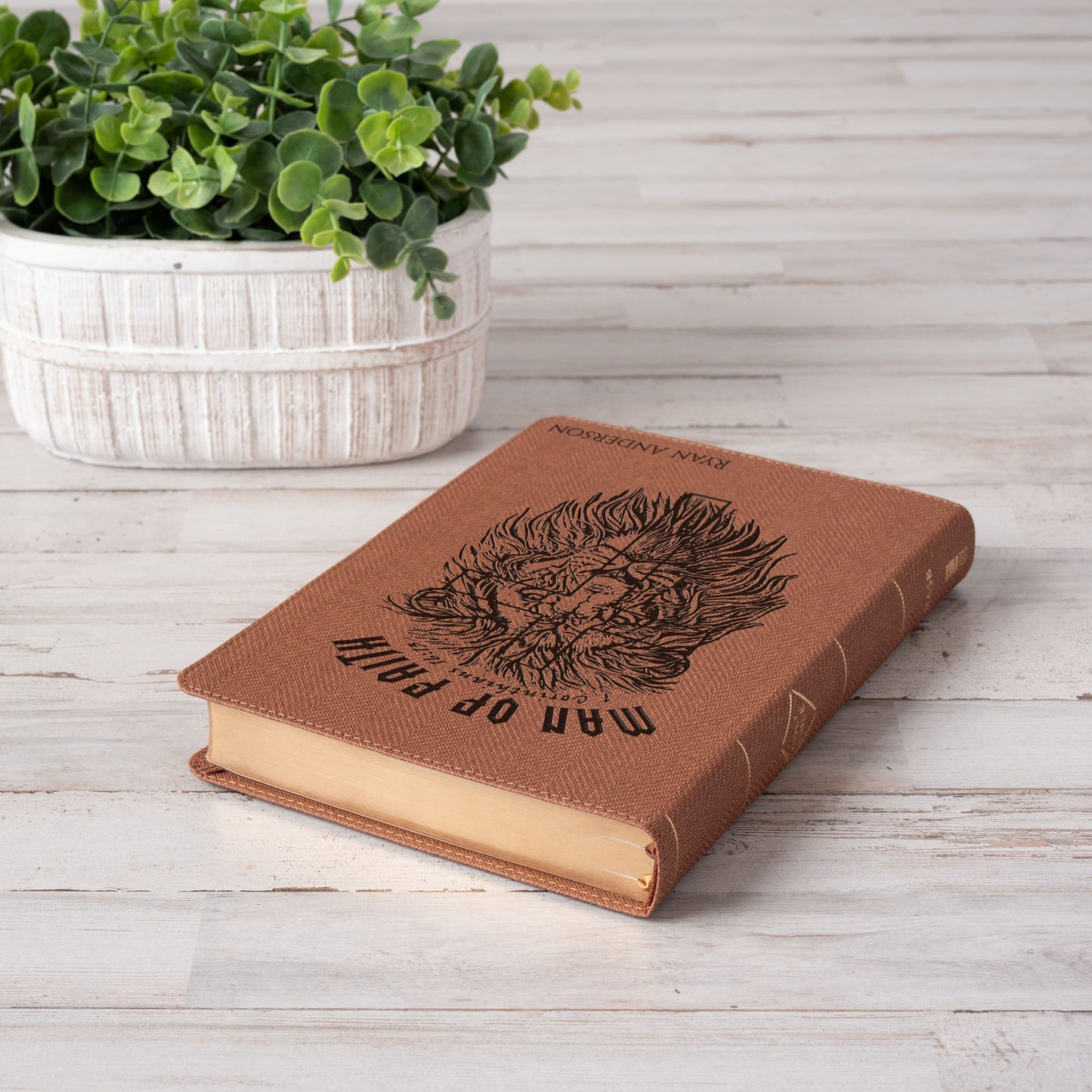 Personalized NASB Bible, Man of Faith Lion Design, Custom Engraved Name, Christian & Baptism Gift