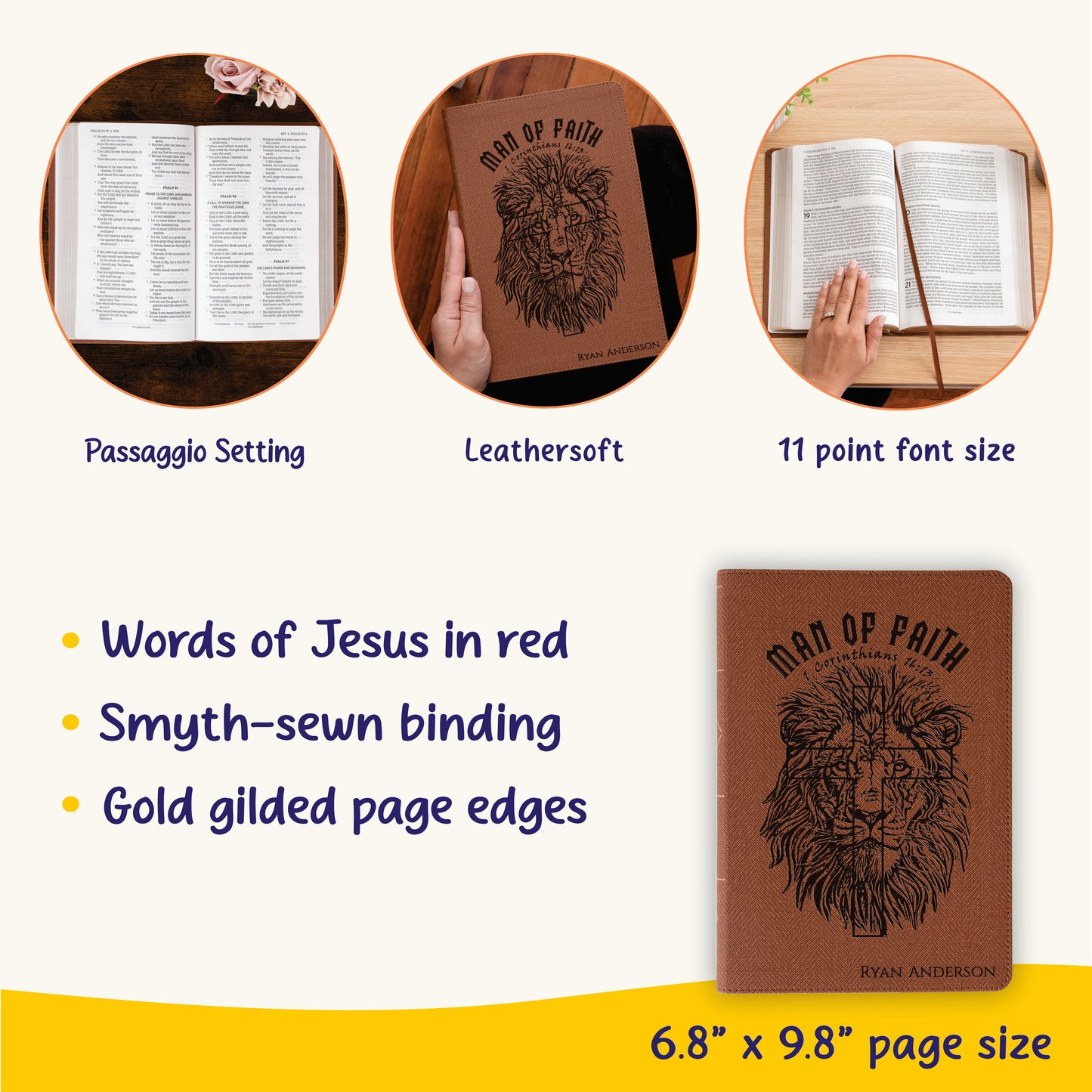 Personalized NASB Bible, Man of Faith Lion Design, Custom Engraved Name, Christian & Baptism Gift