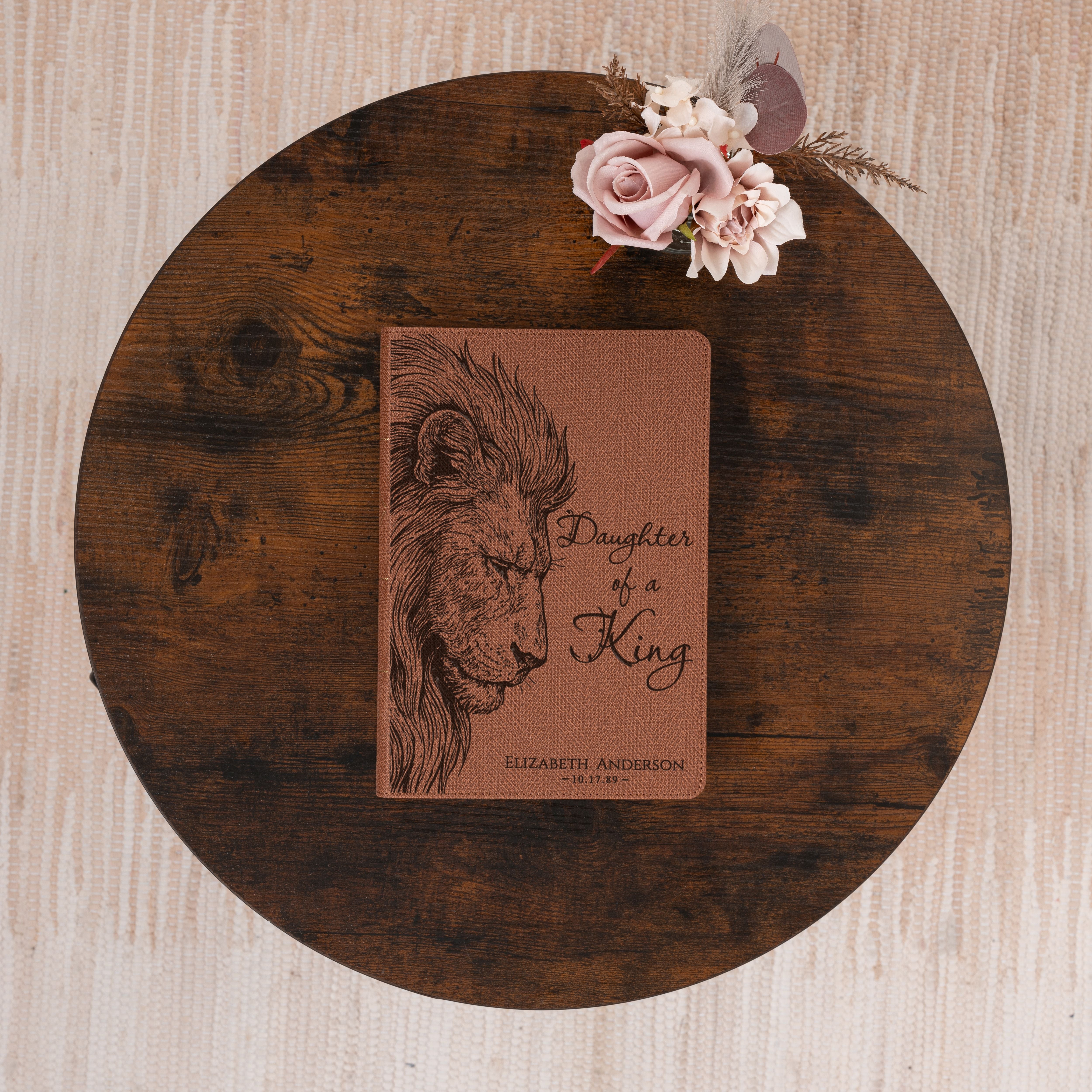 Personalized NASB Bible, Daughter of a King Lion Design, Custom Engraved Name, Christian & Baptism Gift
