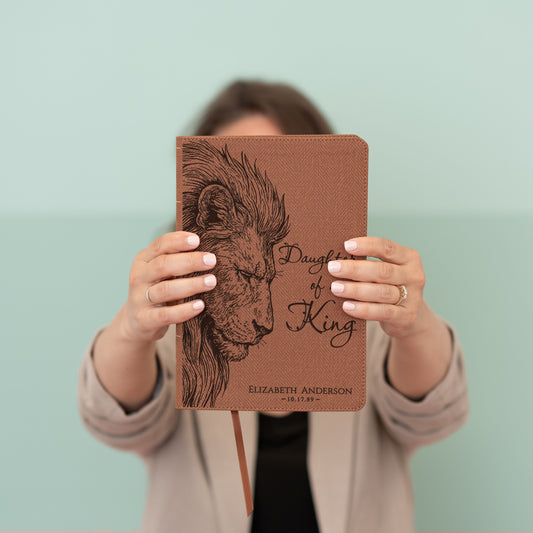 Personalized NASB Bible, Daughter of a King Lion Design, Custom Engraved Name, Christian & Baptism Gift