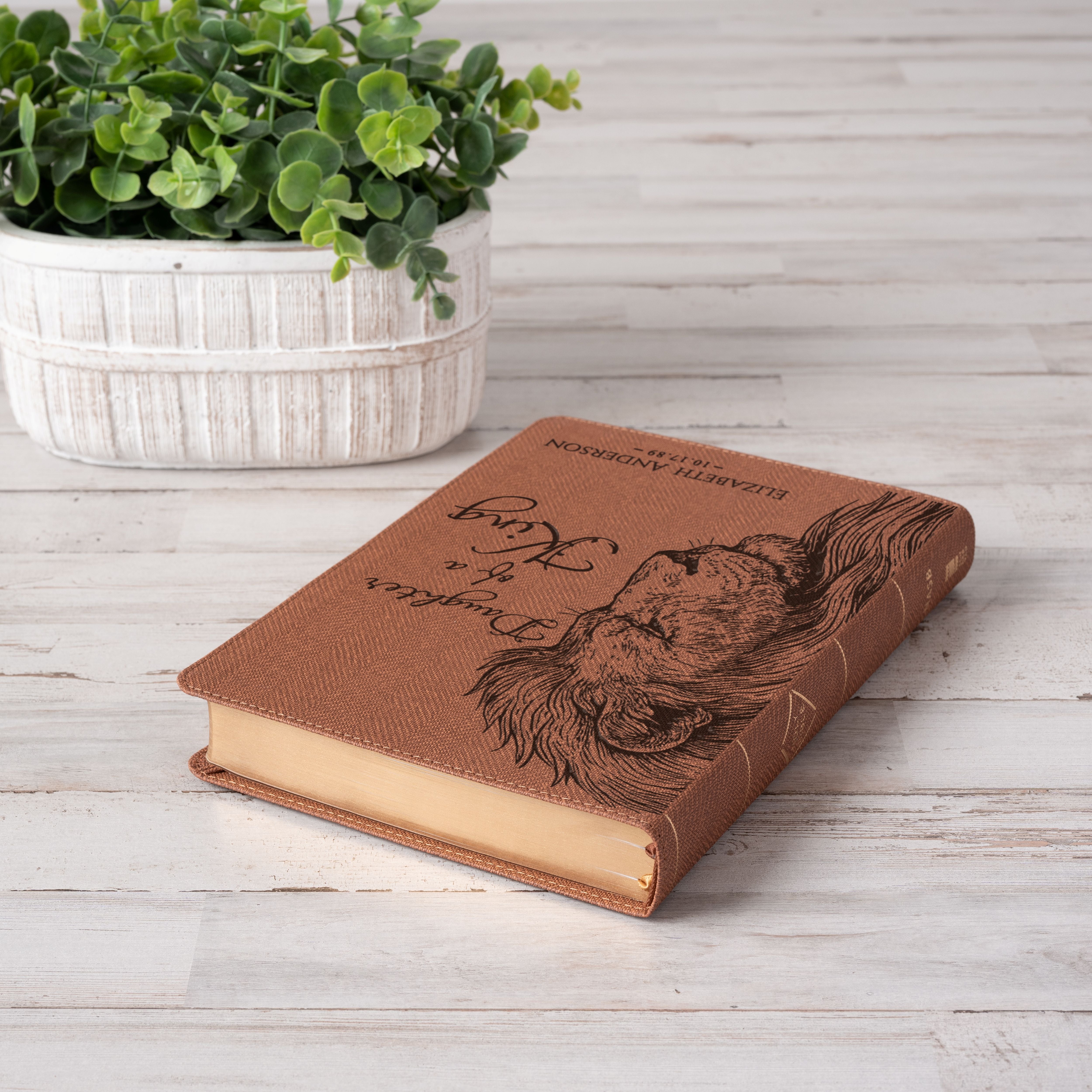 Personalized NASB Bible, Daughter of a King Lion Design, Custom Engraved Name, Christian & Baptism Gift