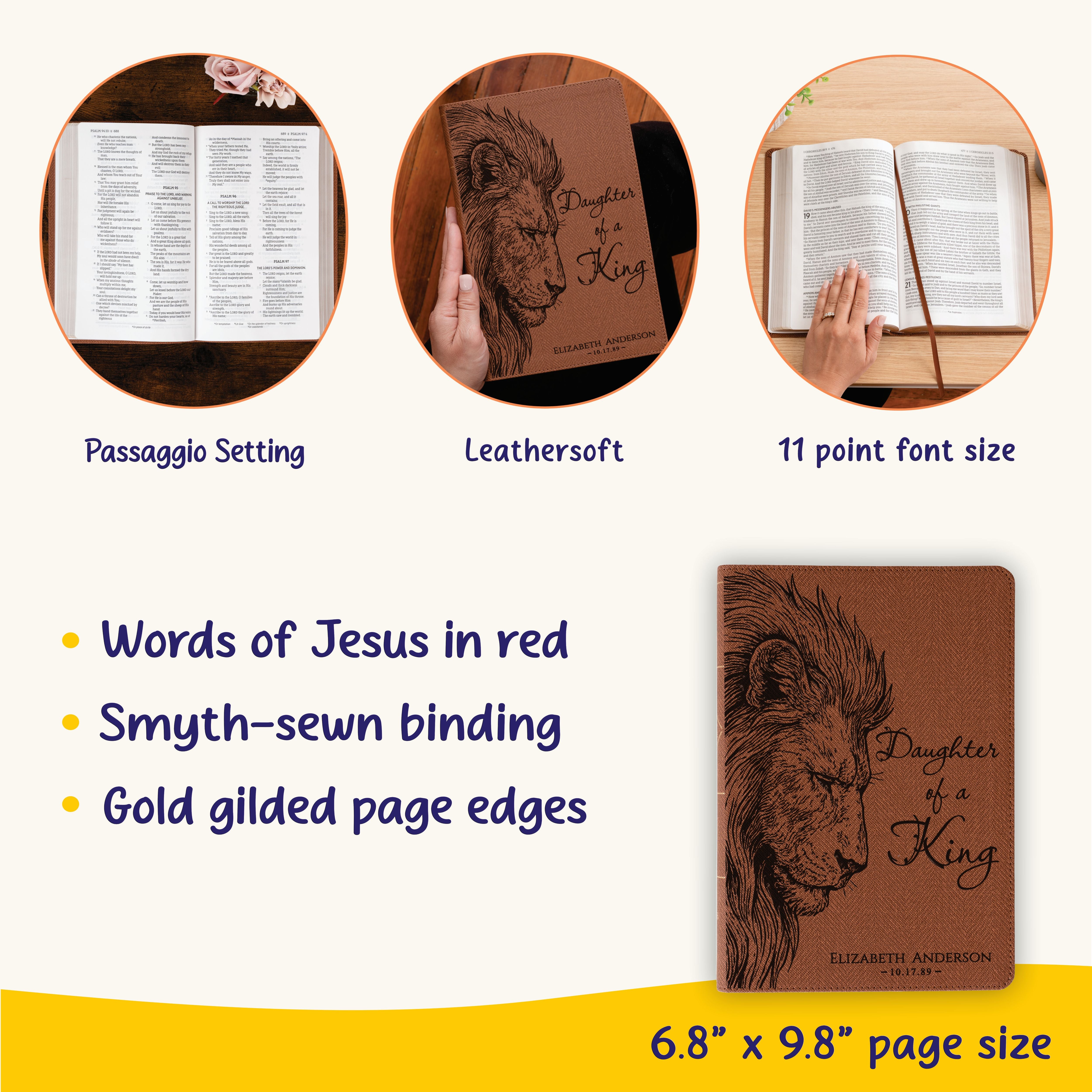 Personalized NASB Bible, Daughter of a King Lion Design, Custom Engraved Name, Christian & Baptism Gift