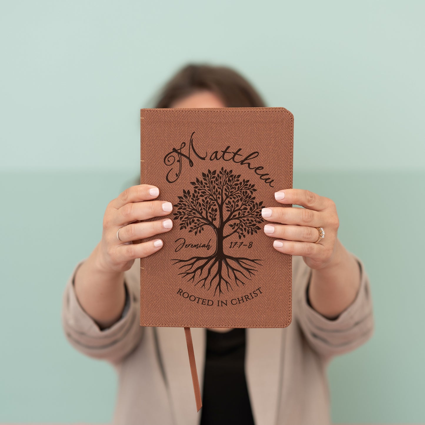 Personalized NASB Bible, Rooted in Christ Tree Design, Custom Engraved Name, Christian & Baptism Gift