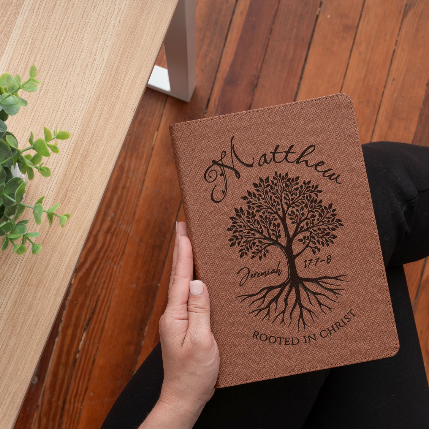 Personalized NASB Bible, Rooted in Christ Tree Design, Custom Engraved Name, Christian & Baptism Gift