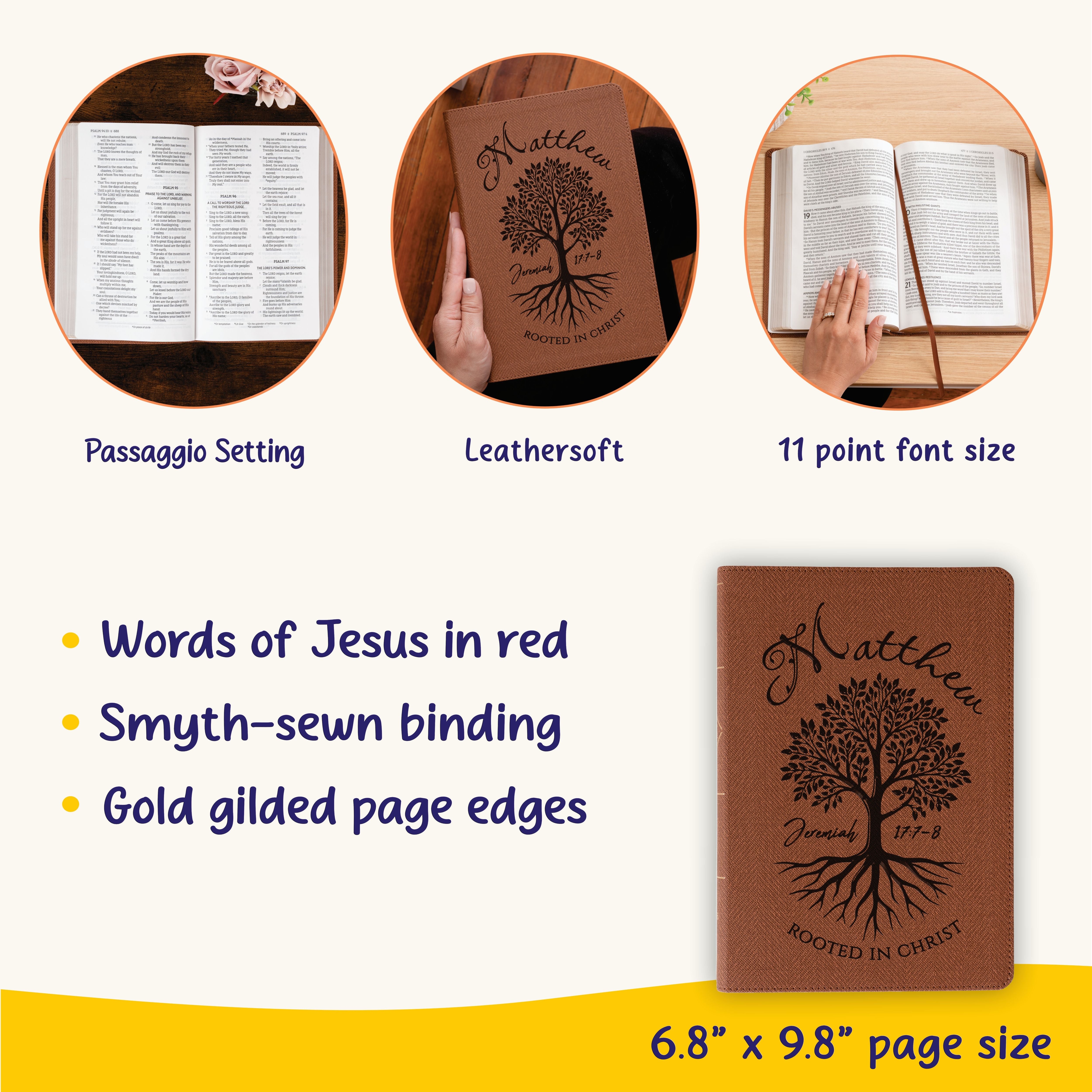 Personalized NASB Bible, Rooted in Christ Tree Design, Custom Engraved Name, Christian & Baptism Gift