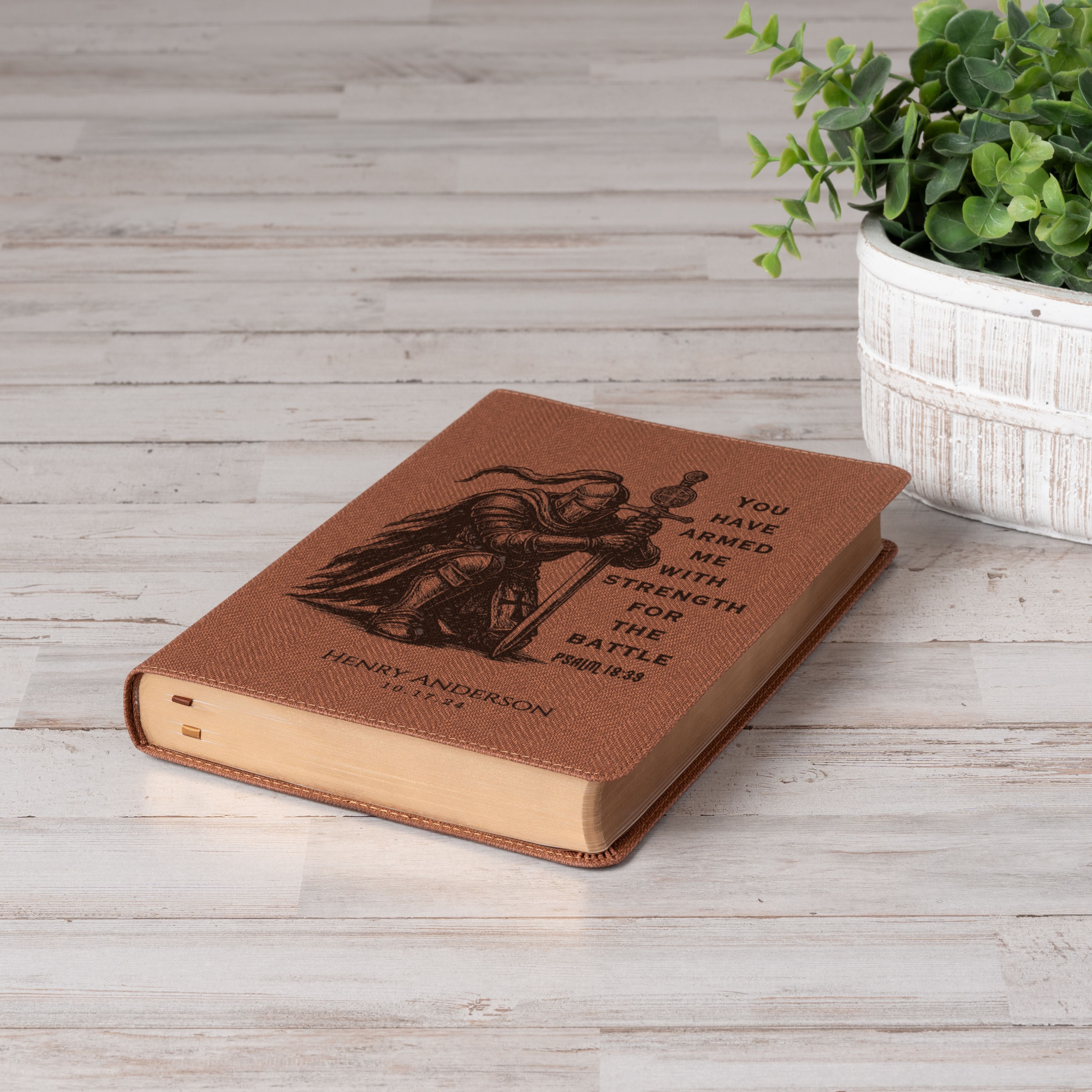 Personalized NASB Thinline Bible, Knight Warrior Design, Custom Engraved Name, Christian Gift for Him