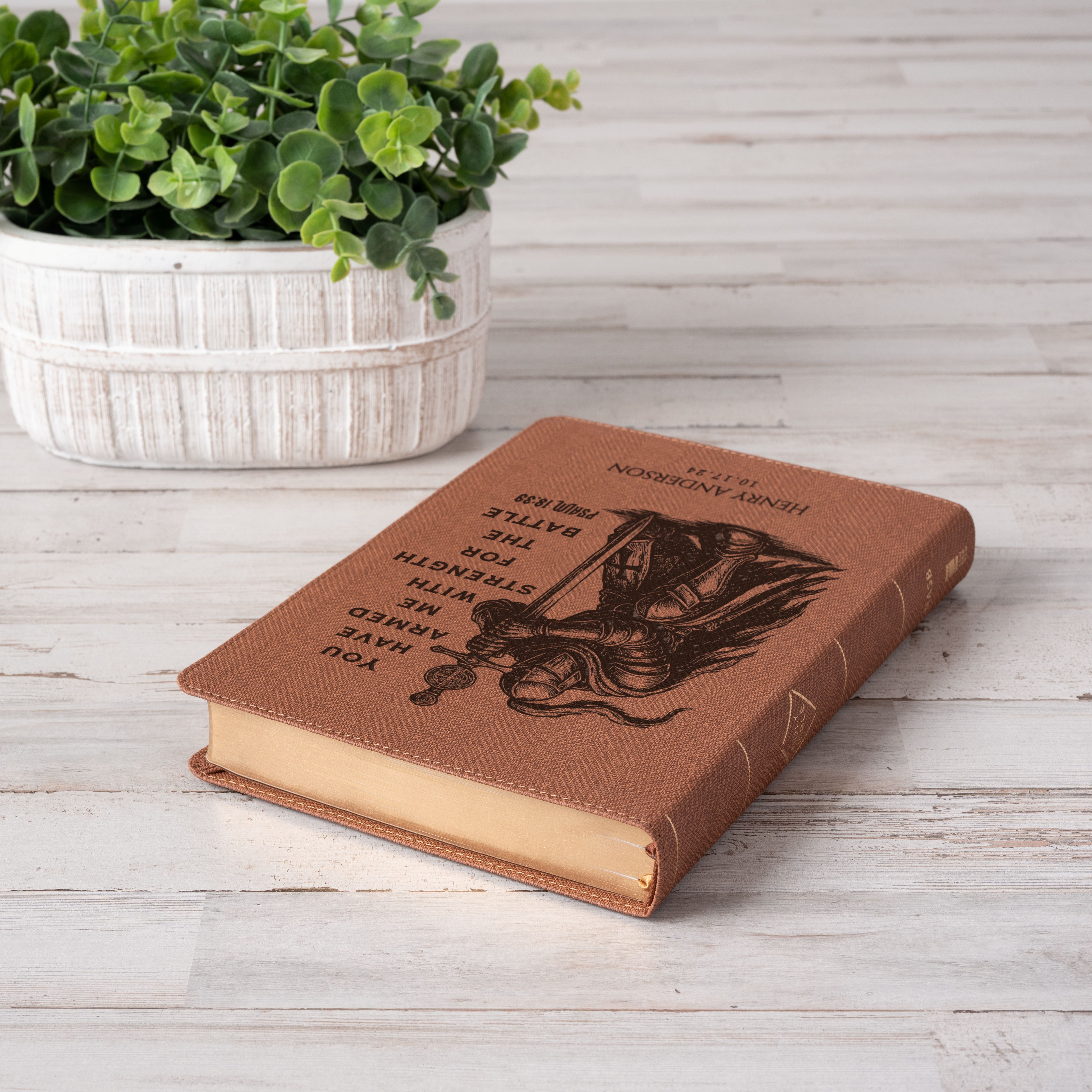 Personalized NASB Thinline Bible, Knight Warrior Design, Custom Engraved Name, Christian Gift for Him