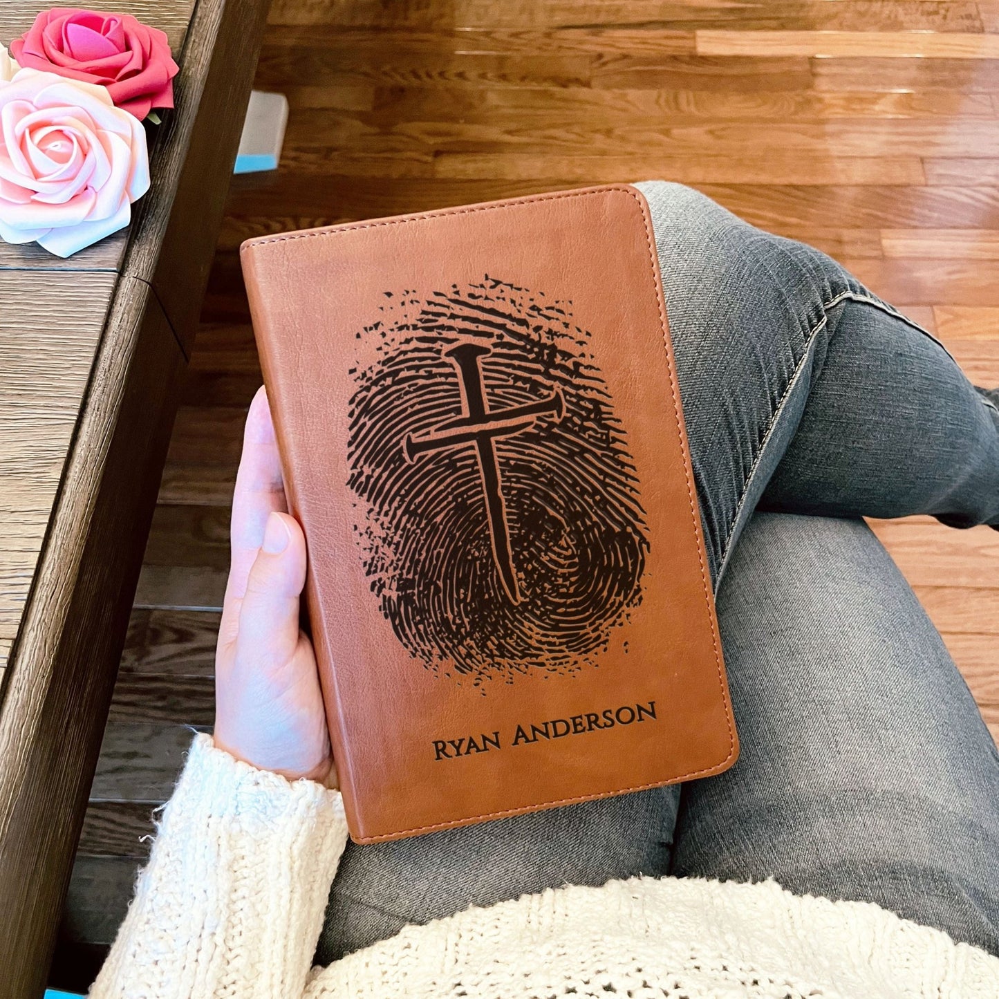 Personalized ESV RVR Parallel Bible, Custom Fingerprint & Cross Design with Name Engraved, Bilingual Bible, Gift for Baptism, Wedding - Religious Books - Aylev