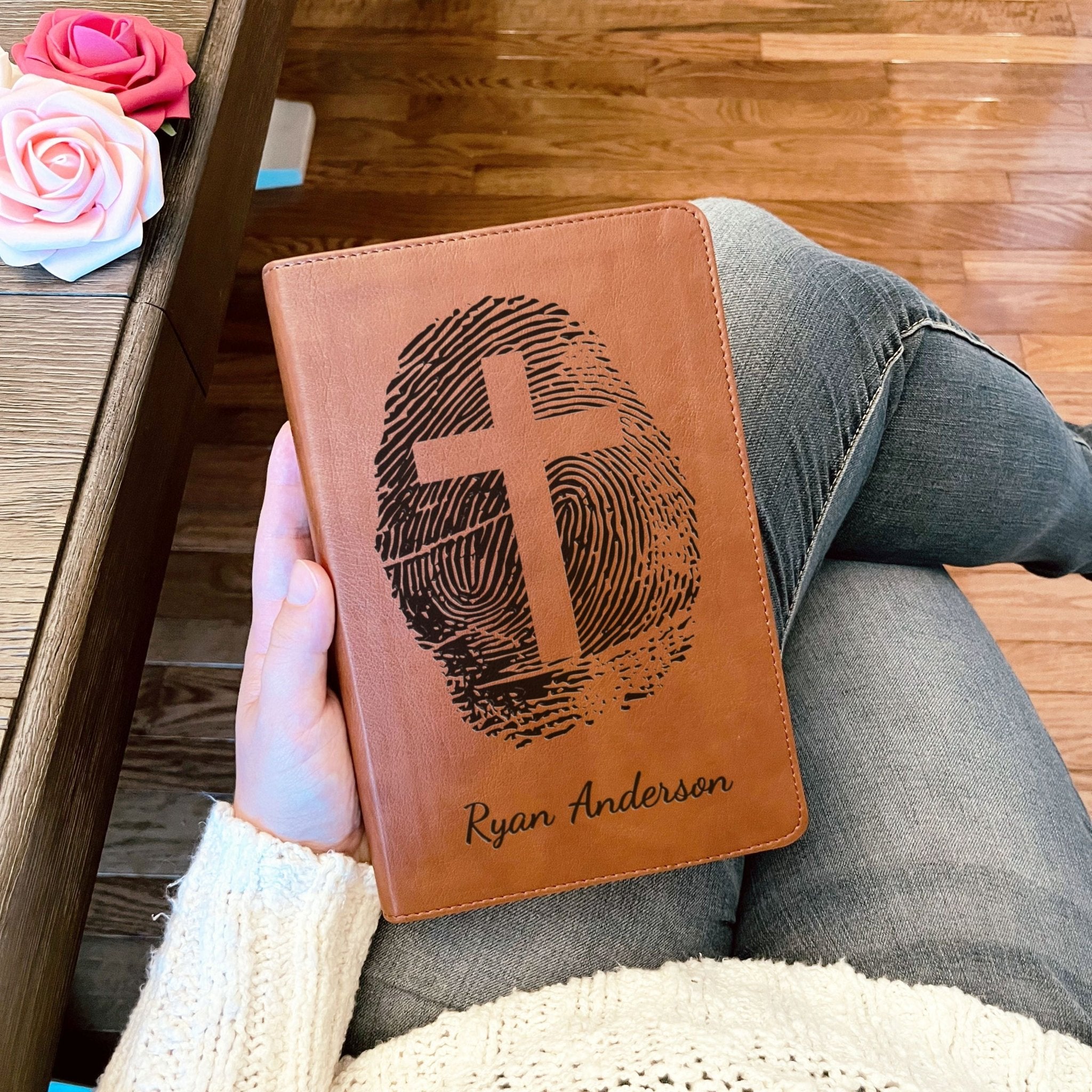 Personalized ESV RVR Parallel Bible, Custom Fingerprint & Cross Design with Name Engraved, Bilingual Bible, Gift for Baptism, Wedding - Religious Books - Aylev