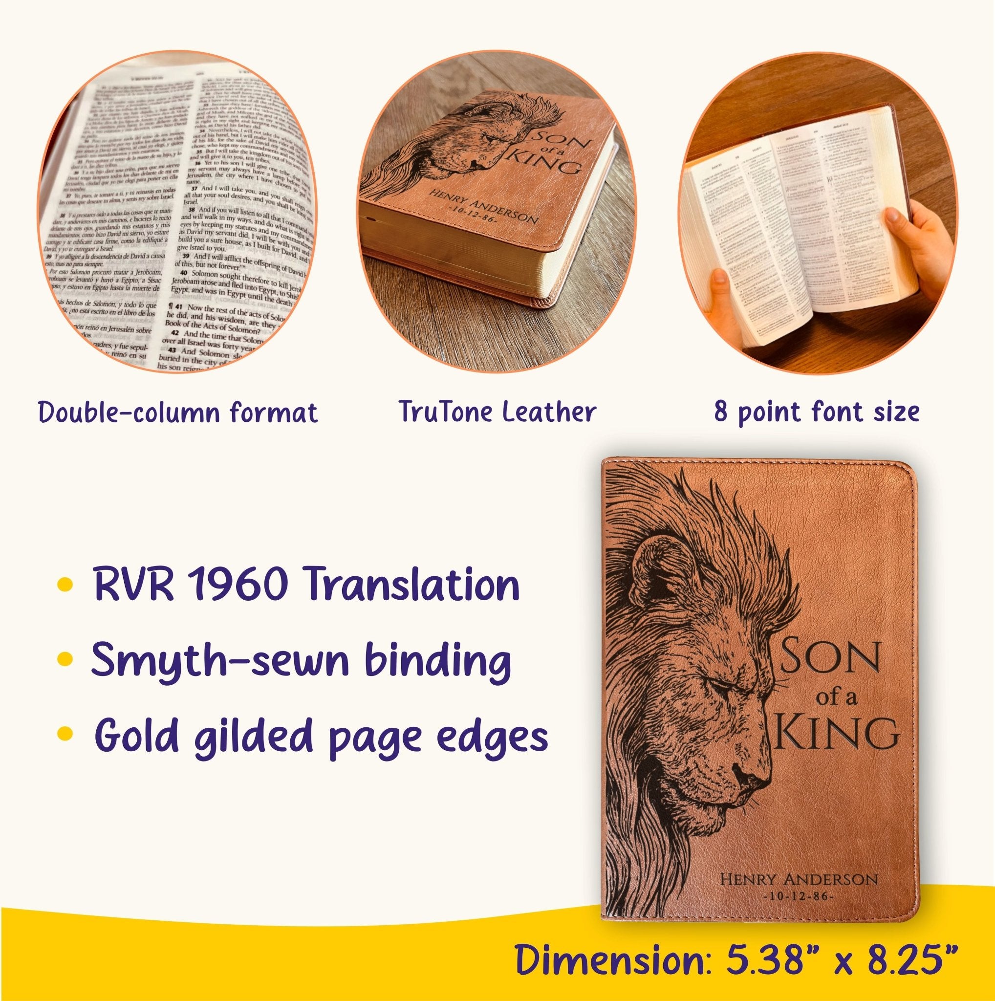 Personalized ESV RVR Bilingual Bible, Son of a King Lion Design, Custom Engraved Name, Christian Gift, Baptism Gift, Bible Gift for Him - Religious Books - Aylev