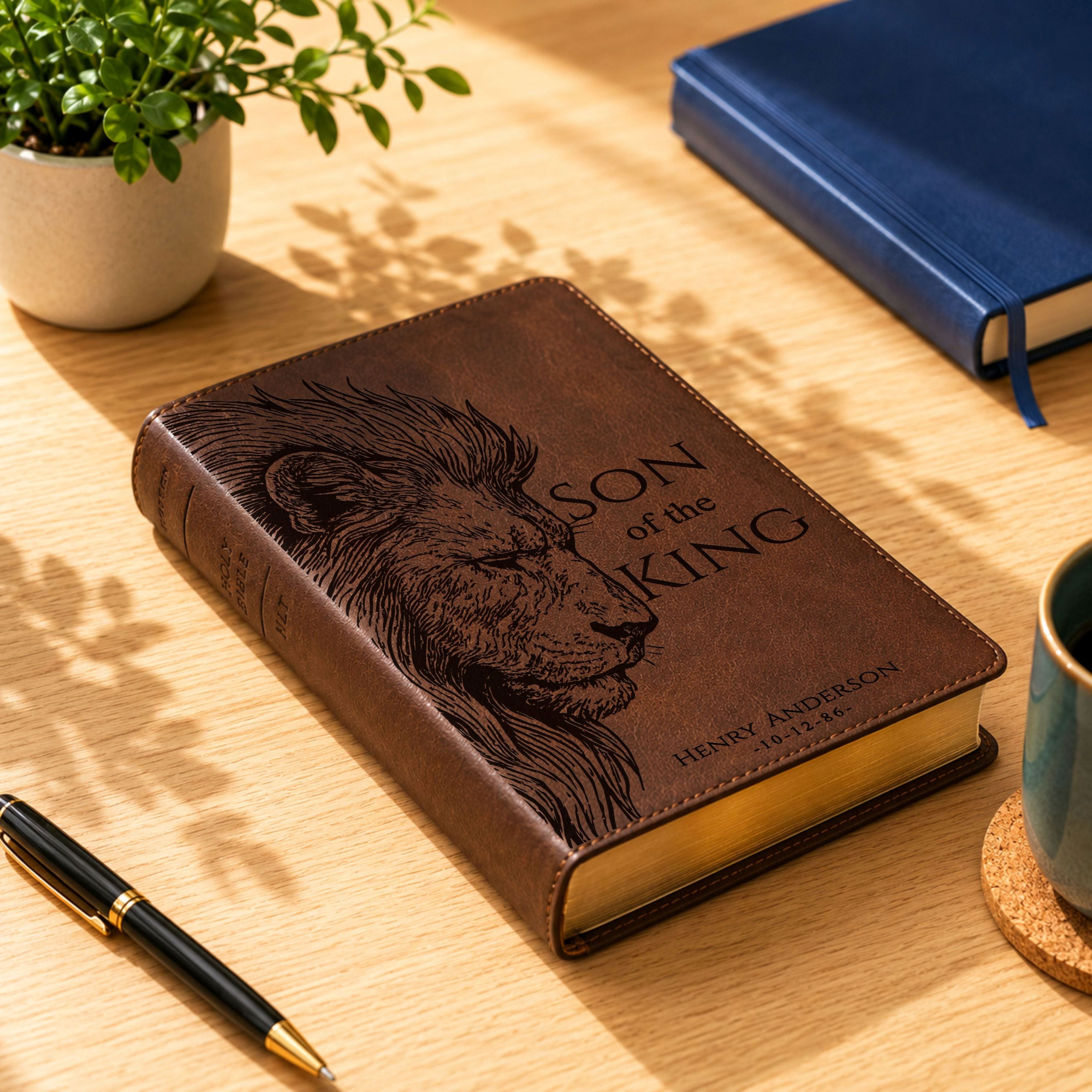 Personalized NLT Super Giant Print Bible, Custom Lion Design with Engraved Name, New Living Translation, Christian Baptism & Wedding Gift