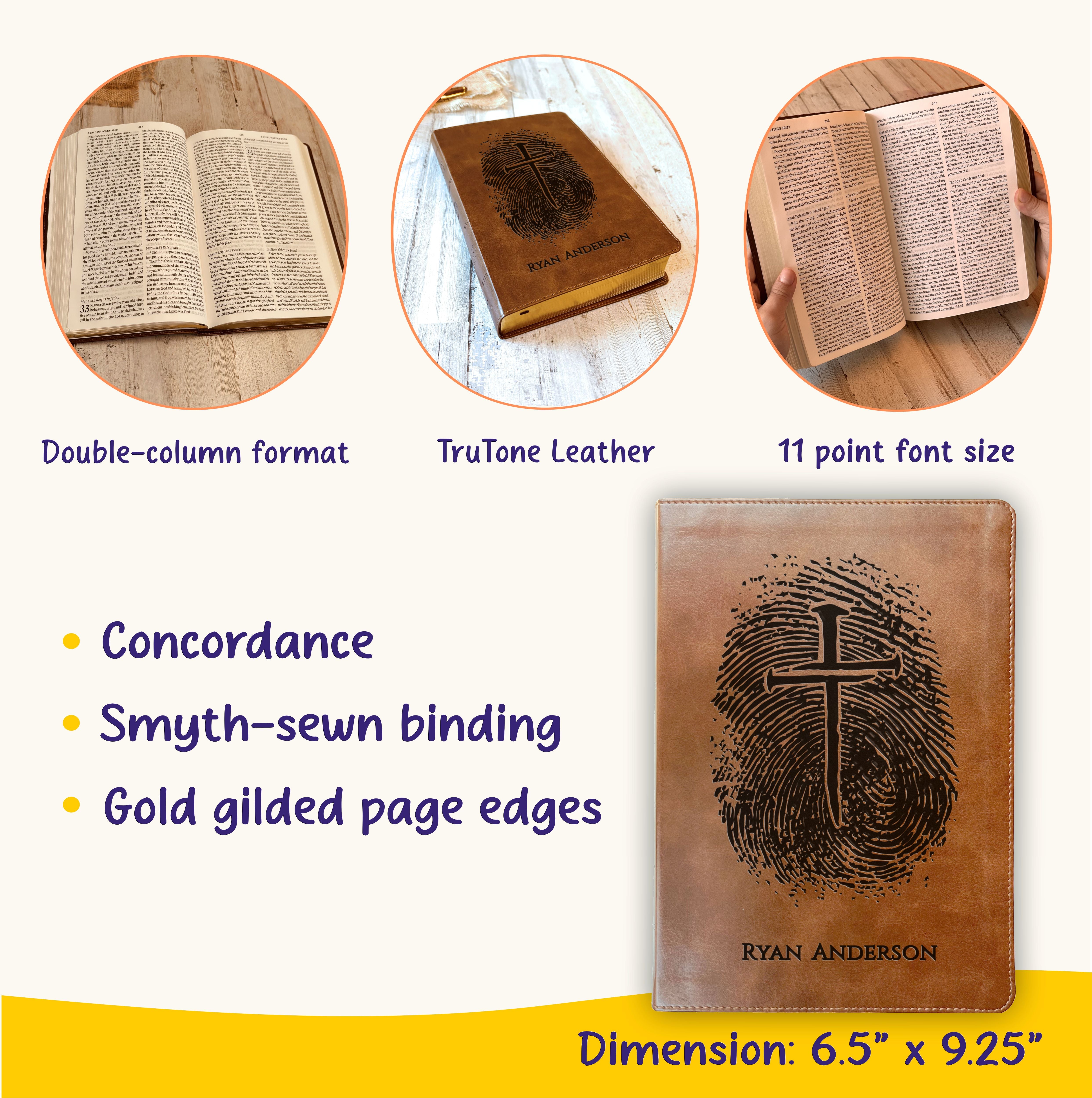 Personalized ESV Bible, Custom Fingerprint & Cross Design with Name Engraved, Large Print Bible, Gifts for Baptism, Wedding, Confirmation - Aylev