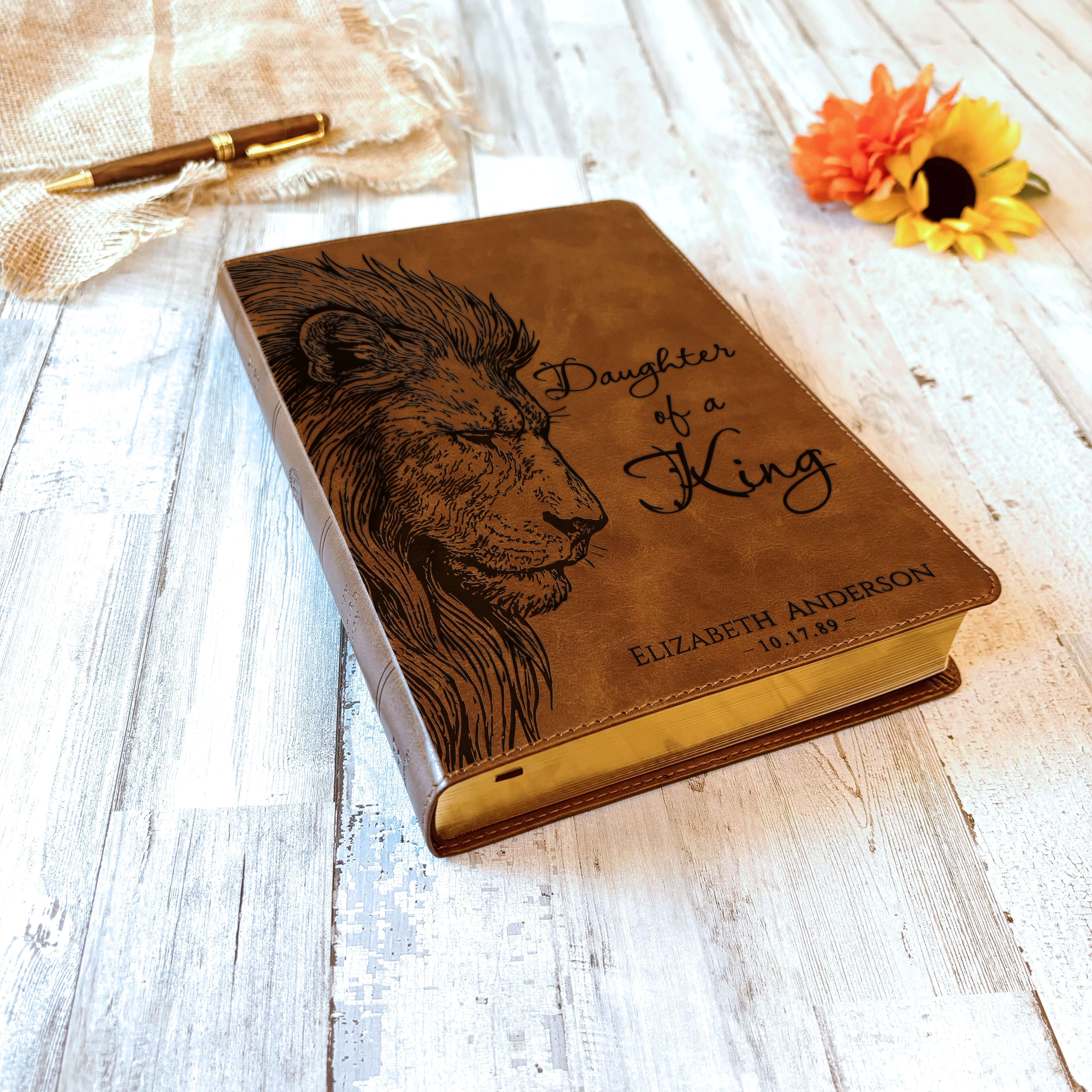 Personalized ESV Large Print Bible, Daughter of a King Lion Design, Custom Engraved Name, Christian Gift, Baptism Gift, Bible Gift for Her