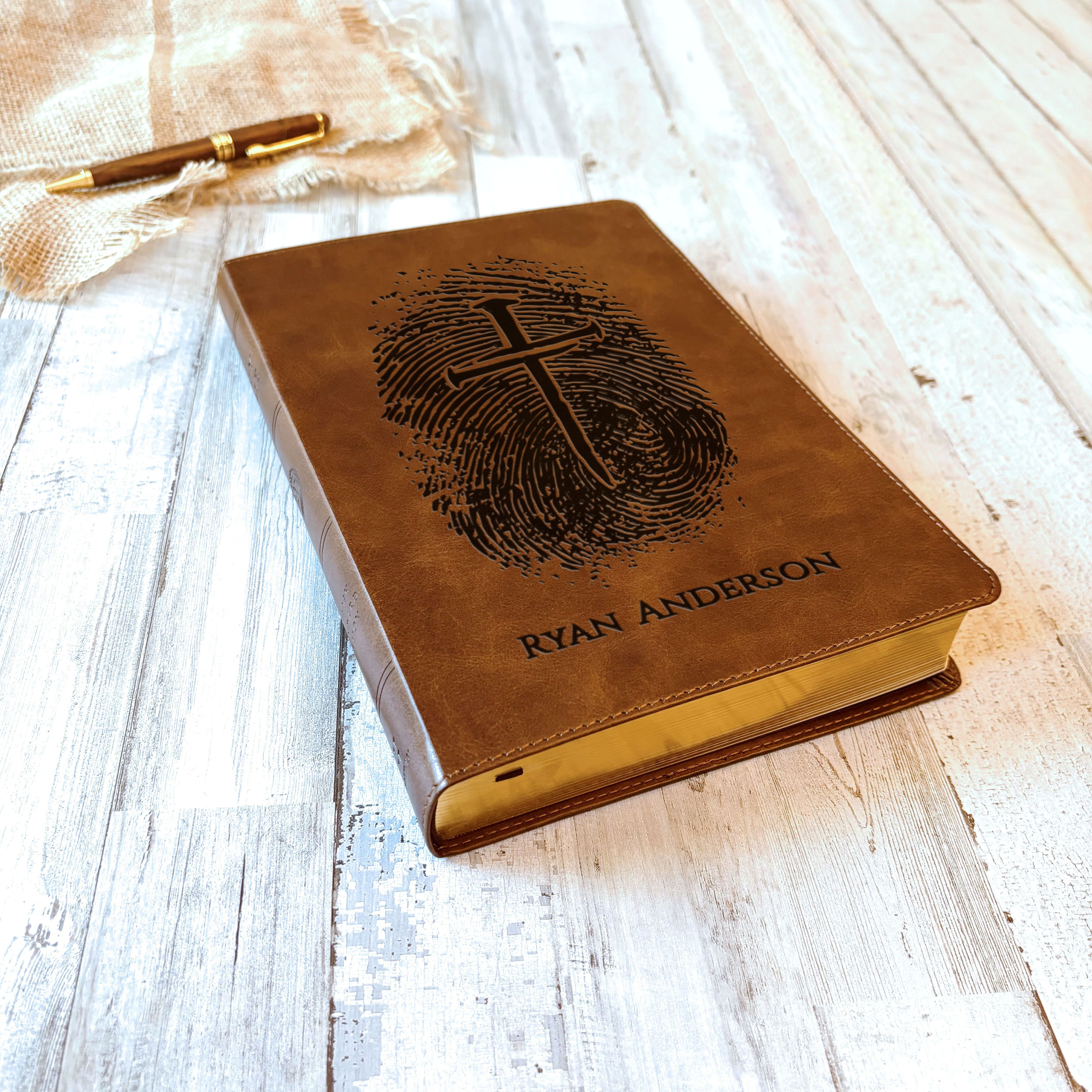 Personalized ESV Bible, Custom Fingerprint & Cross Design with Name Engraved, Large Print Bible, Gifts for Baptism, Wedding, Confirmation - Aylev