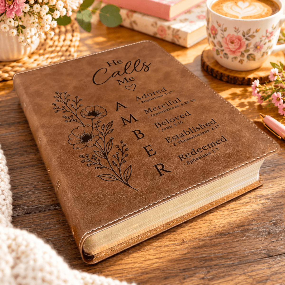 Personalized KJV Wide-Margin Bible, Custom Engraved Acrostic Name with Verse Reference, He Calls Me Floral Design, Christian Gift for Her - Religious Books - Aylev