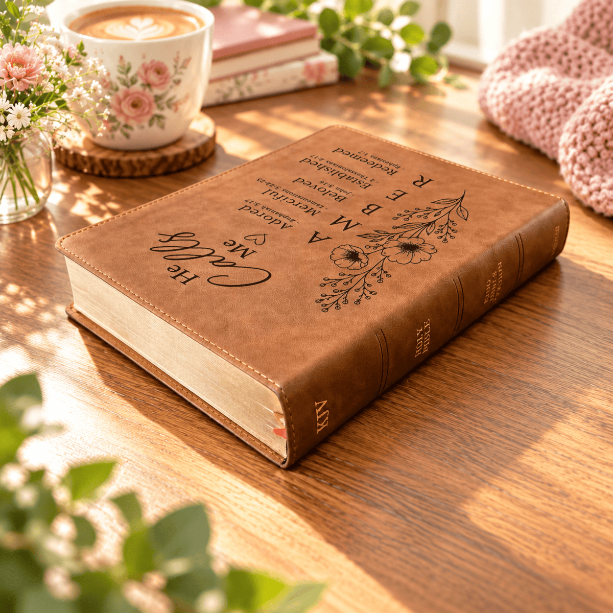 Personalized KJV Wide-Margin Bible, Custom Engraved Acrostic Name with Verse Reference, He Calls Me Floral Design, Christian Gift for Her - Religious Books - Aylev