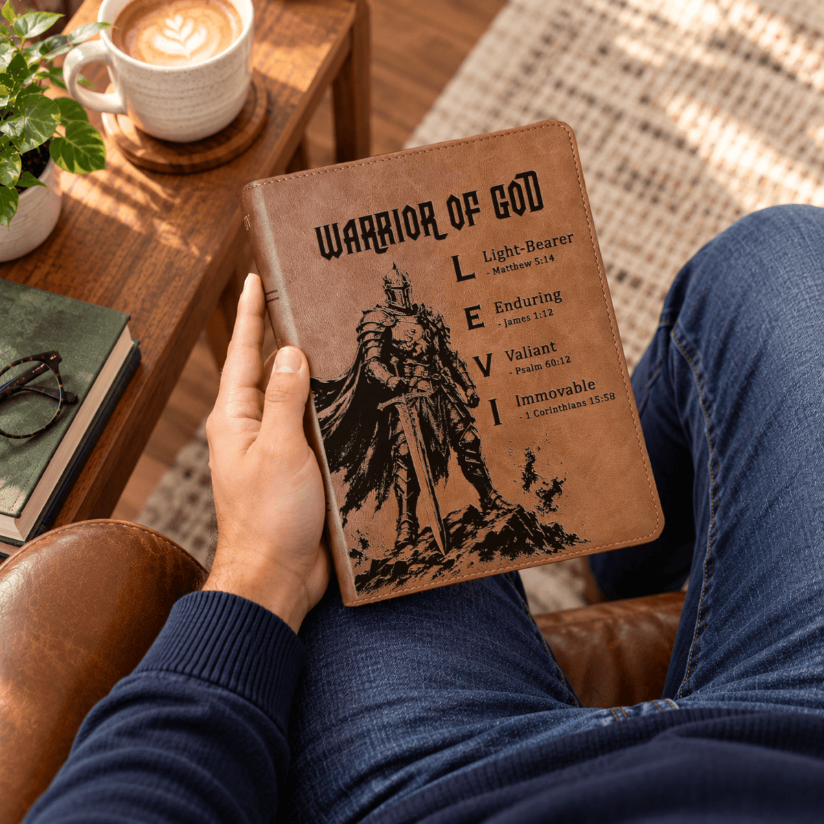 Personalized KJV Wide-Margin Bible, Custom Engraved Acrostic Name with Verse Reference, Warrior of God Design, Bible Gift for Him - Religious Books - Aylev