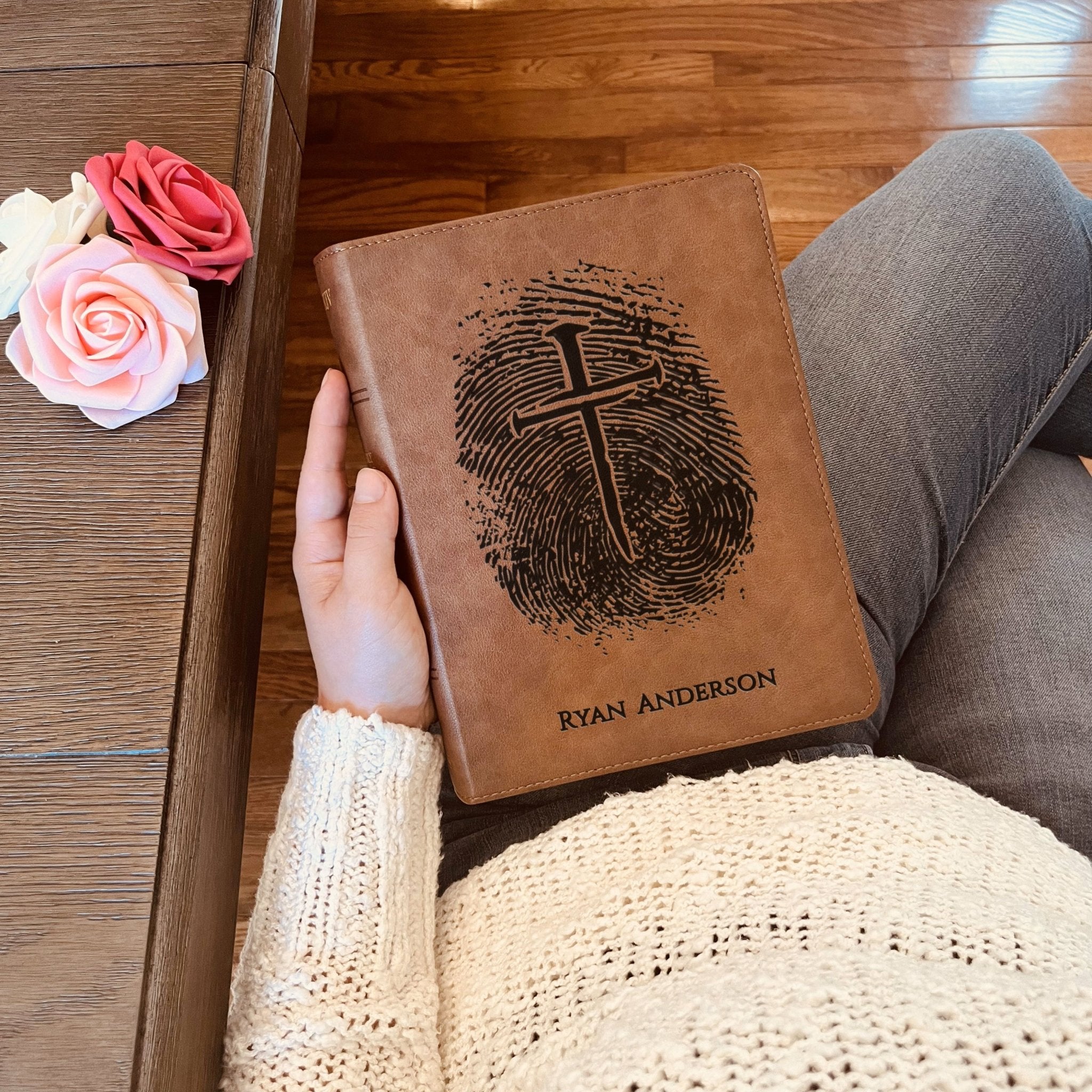 Personalized KJV Bible, Custom Fingerprint & Cross Design with Name Engraved, Wide - Margin Bible, Gift for Baptism, Wedding, Confirmation - Religious Books - Aylev