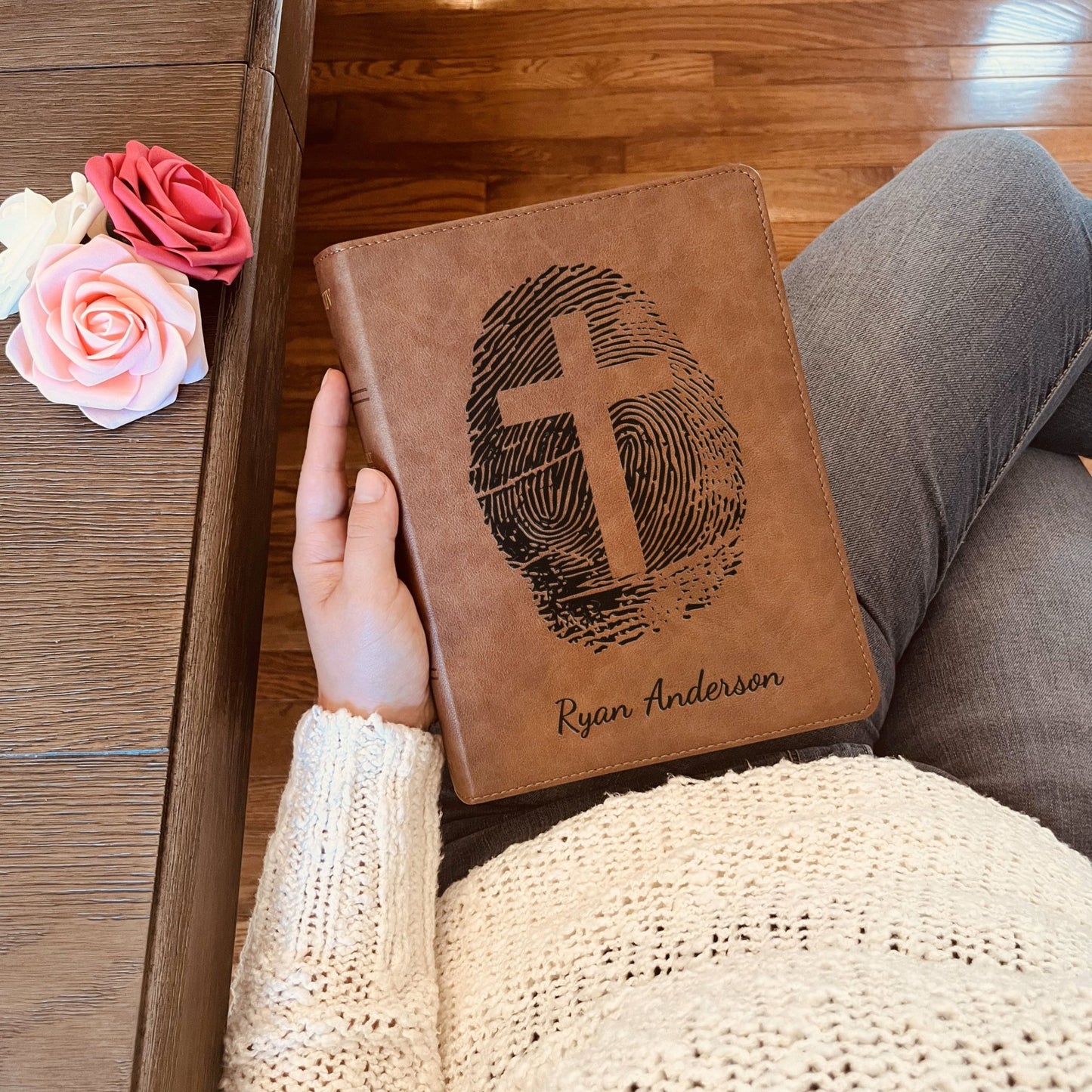 Personalized KJV Bible, Custom Fingerprint & Cross Design with Name Engraved, Wide - Margin Bible, Gift for Baptism, Wedding, Confirmation - Religious Books - Aylev