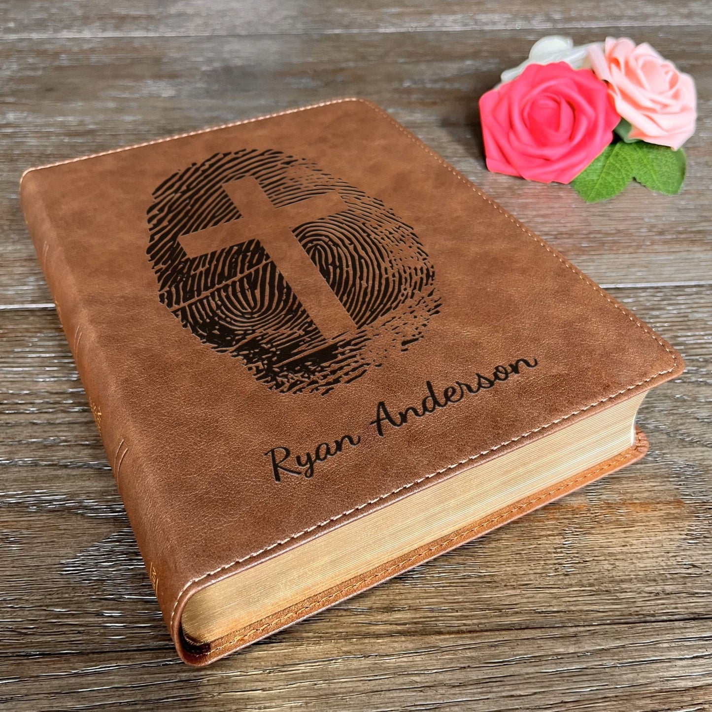 Personalized KJV Bible, Custom Fingerprint & Cross Design with Name Engraved, Wide - Margin Bible, Gift for Baptism, Wedding, Confirmation - Religious Books - Aylev