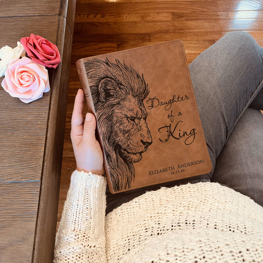 Personalized KJV Wide-Margin Bible, Daughter of a King Lion Design, Custom Engraved Name, Christian Gift, Baptism Gift, Bible Gift for Her