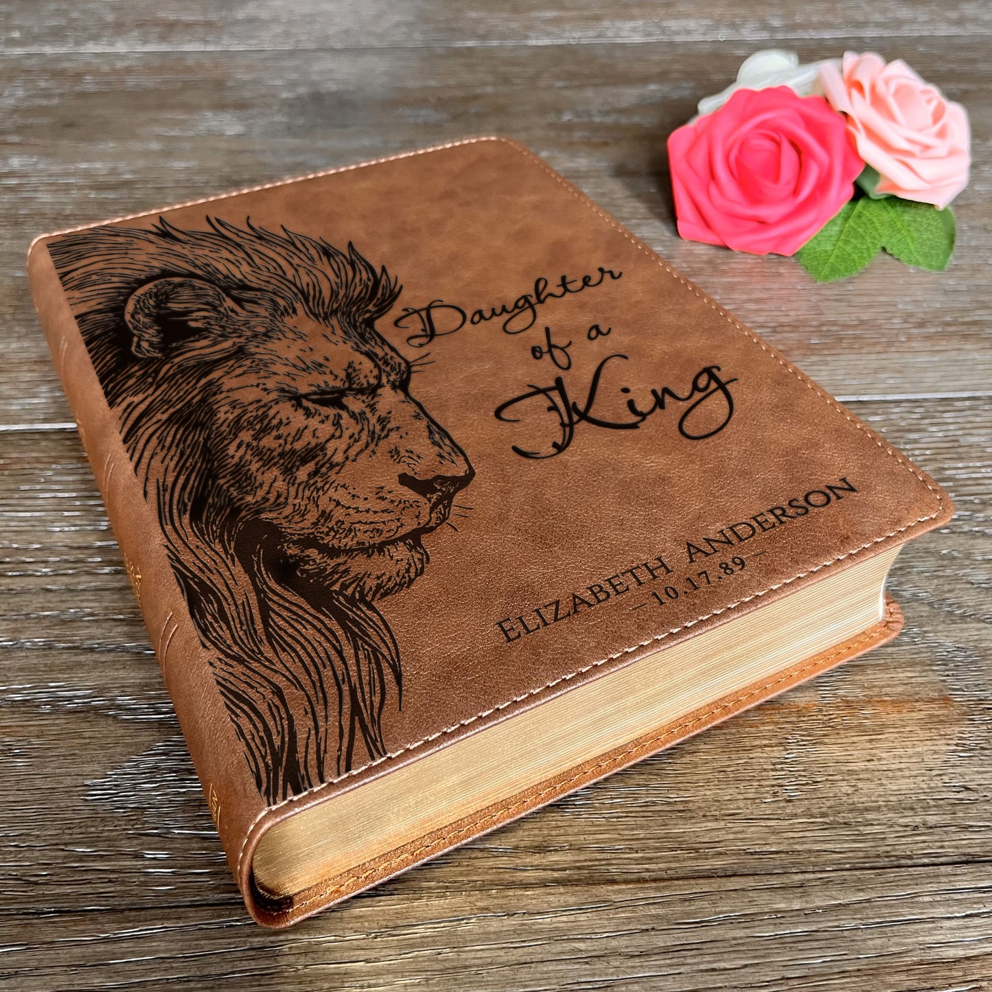 Personalized KJV Wide-Margin Bible, Daughter of a King Lion Design, Custom Engraved Name, Christian Gift, Baptism Gift, Bible Gift for Her