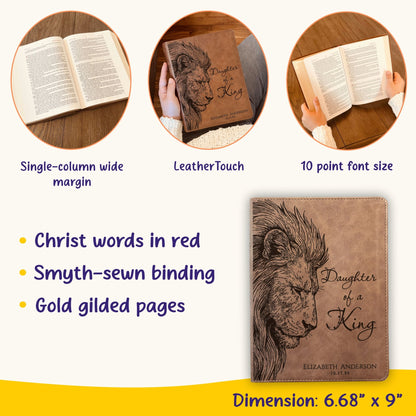 Personalized KJV Wide - Margin Bible, Daughter of a King Lion Design, Custom Engraved Name, Christian Gift, Baptism Gift, Bible Gift for Her - Religious Books - Aylev
