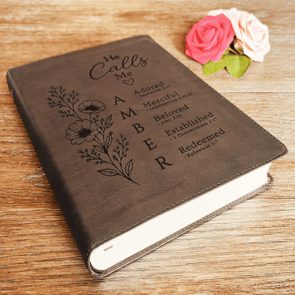 Personalized ESV Single Column Journaling Bible, Custom Engraved Acrostic Name with Verse Reference, He Calls Me Floral Design, Gift for Her - Religious Books - Aylev