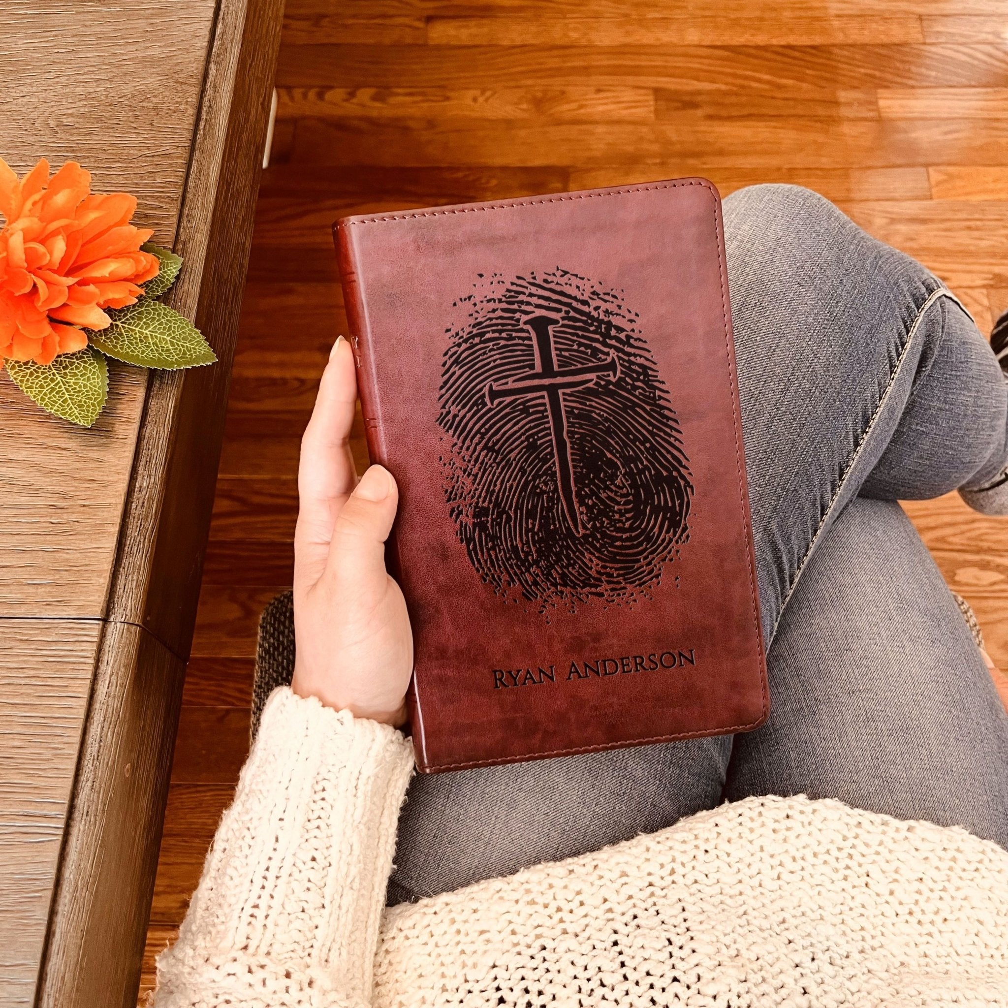 Personalized ESV Bible, Custom Engraved Fingerprint & Cross Bible with Name, ESV Large Print Bible, Gift for Baptism, Wedding, Confirmation - Religious Books - Aylev