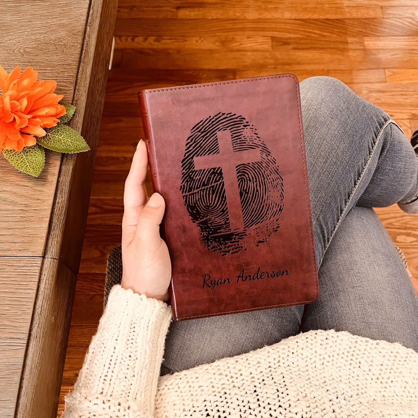 Personalized ESV Bible, Custom Engraved Fingerprint & Cross Bible with Name, ESV Large Print Bible, Gift for Baptism, Wedding, Confirmation - Religious Books - Aylev