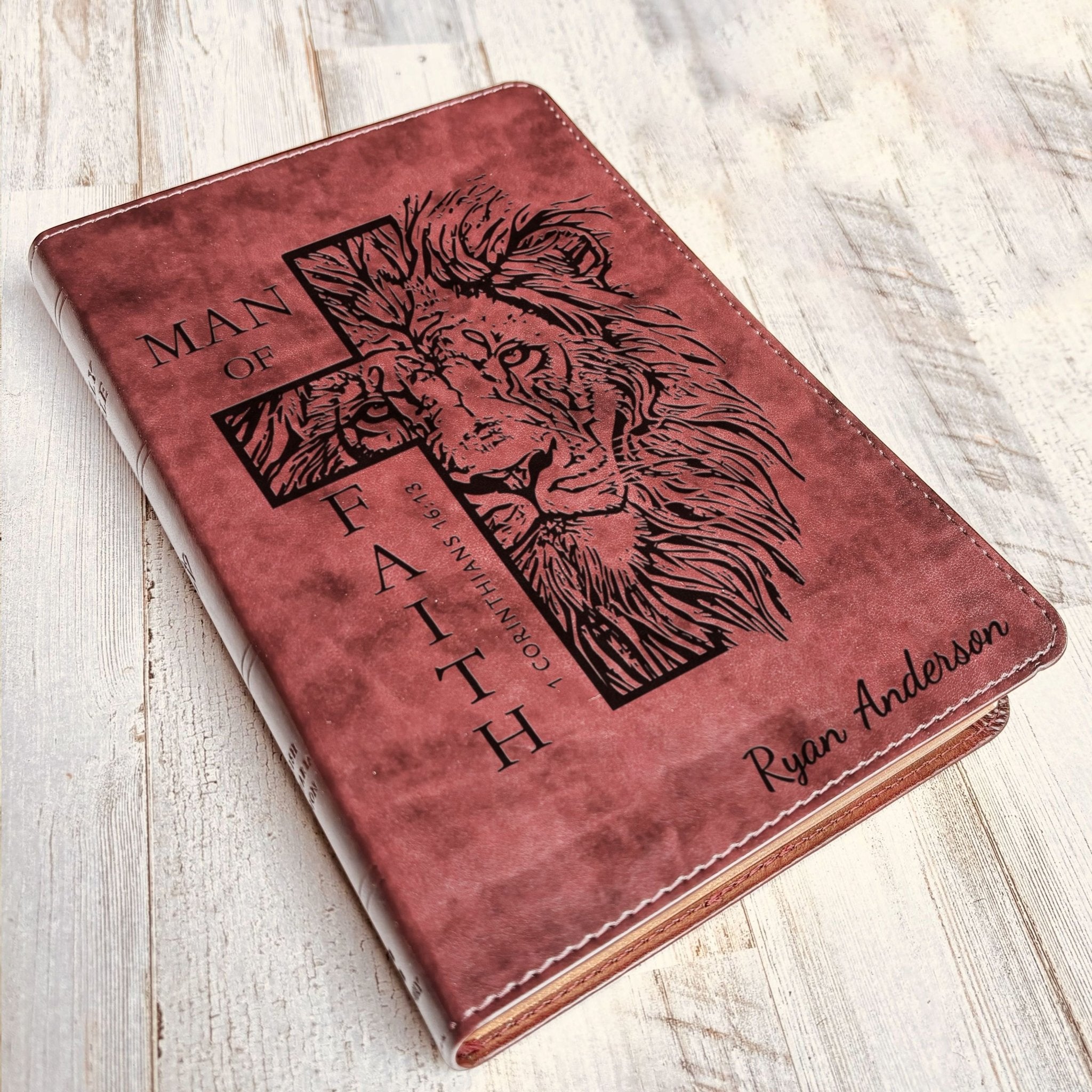 Personalized Bible for Men, ESV Large Print Thinline Bible, Custom Engraved Name, Man of Faith Design, Baptism Gift, Christian Gift for him - Religious Books - Aylev