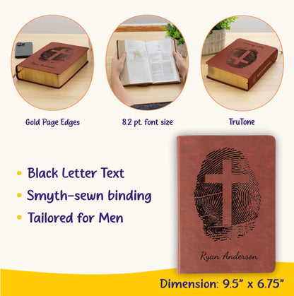 Personalized ESV Study Bible for Men, Custom Engraved Bible with Name, Fingerprint Cross Design, Christian Gift for Him, Baptism Gift - Religious Books - Aylev
