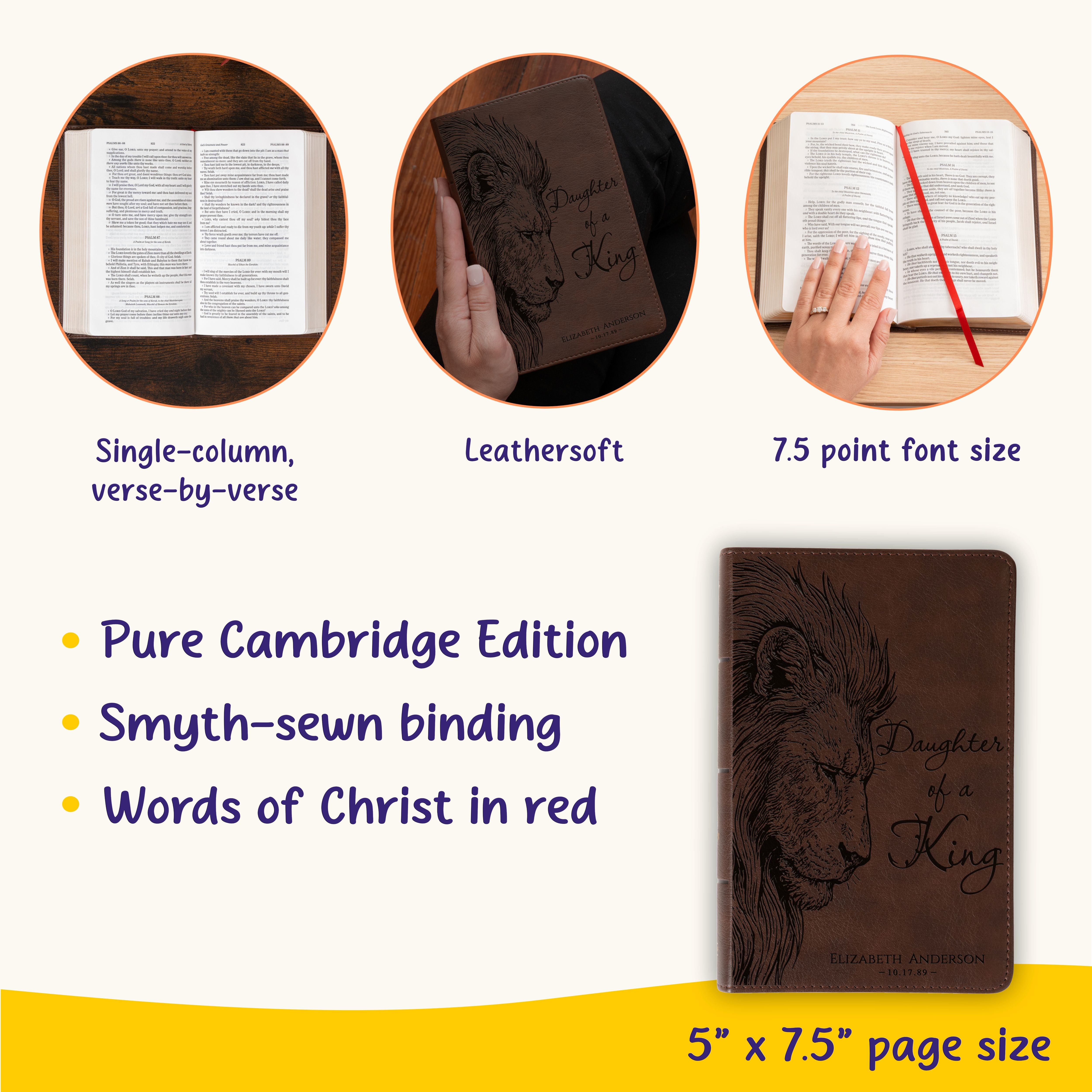 Personalized KJV Compact Bible, Daughter of a King Lion Design, Custom Engraved Name, Christian Gift, Baptism Gift, Bible Gift for Her