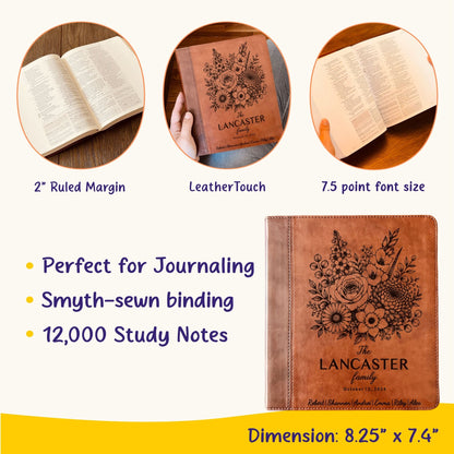 Personalized ESV Family Bible, Custom Engraved Name, Birth Month Flower Bouquet, Journaling Study Bible, Wedding Christian Gift - Religious Books - Aylev