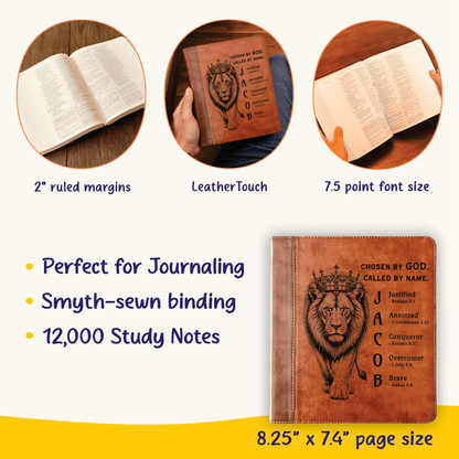 Personalized ESV Journaling Study Bible, Custom Engraved Acrostic Name with Verse Reference, Lion Design, Gift for Him - Religious Books - Aylev
