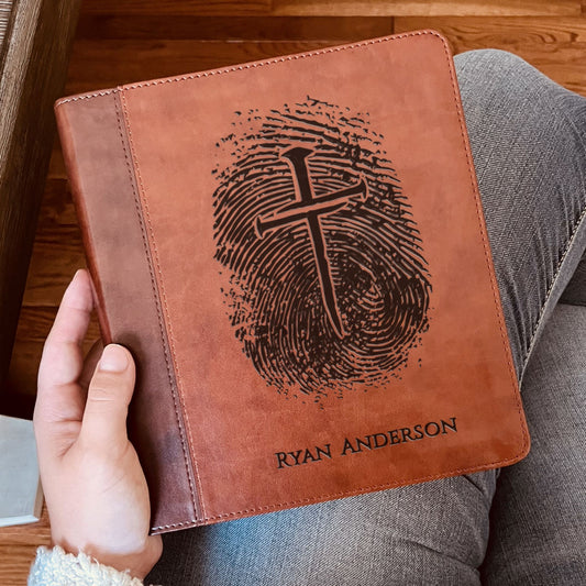 Personalized ESV Study Bible, Custom Engraved Fingerprint & Cross Bible with Name, ESV Wide Margin Bible for Note Taking, Gift for Baptism