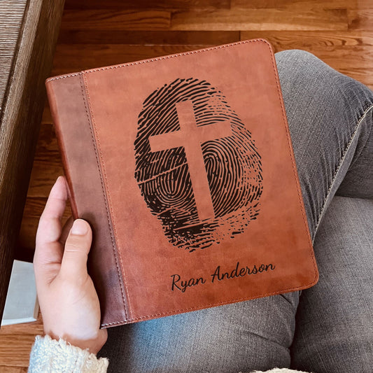 Personalized ESV Study Bible, Custom Engraved Fingerprint & Cross Bible with Name, ESV Wide Margin Bible for Note Taking, Gift for Baptism