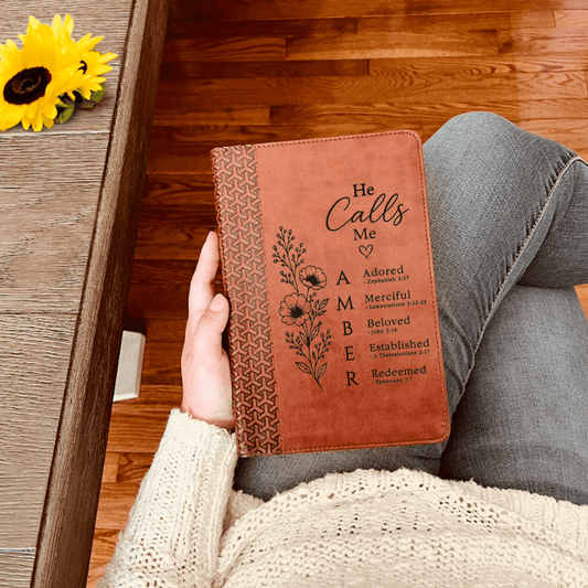 Personalized KJV Study Bible, Custom Engraved Acrostic Name with Verse Reference, He Calls Me Floral Design, Christian Gift for Her - Religious Books - Aylev