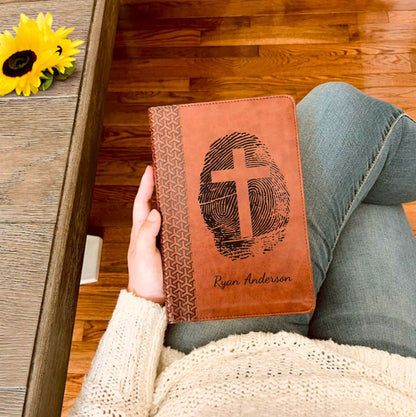 Personalized KJV Study Bible, Custom Fingerprint & Cross Design with Name Engraved, Gifts for Baptism, Wedding, and Confirmation - Religious Books - Aylev