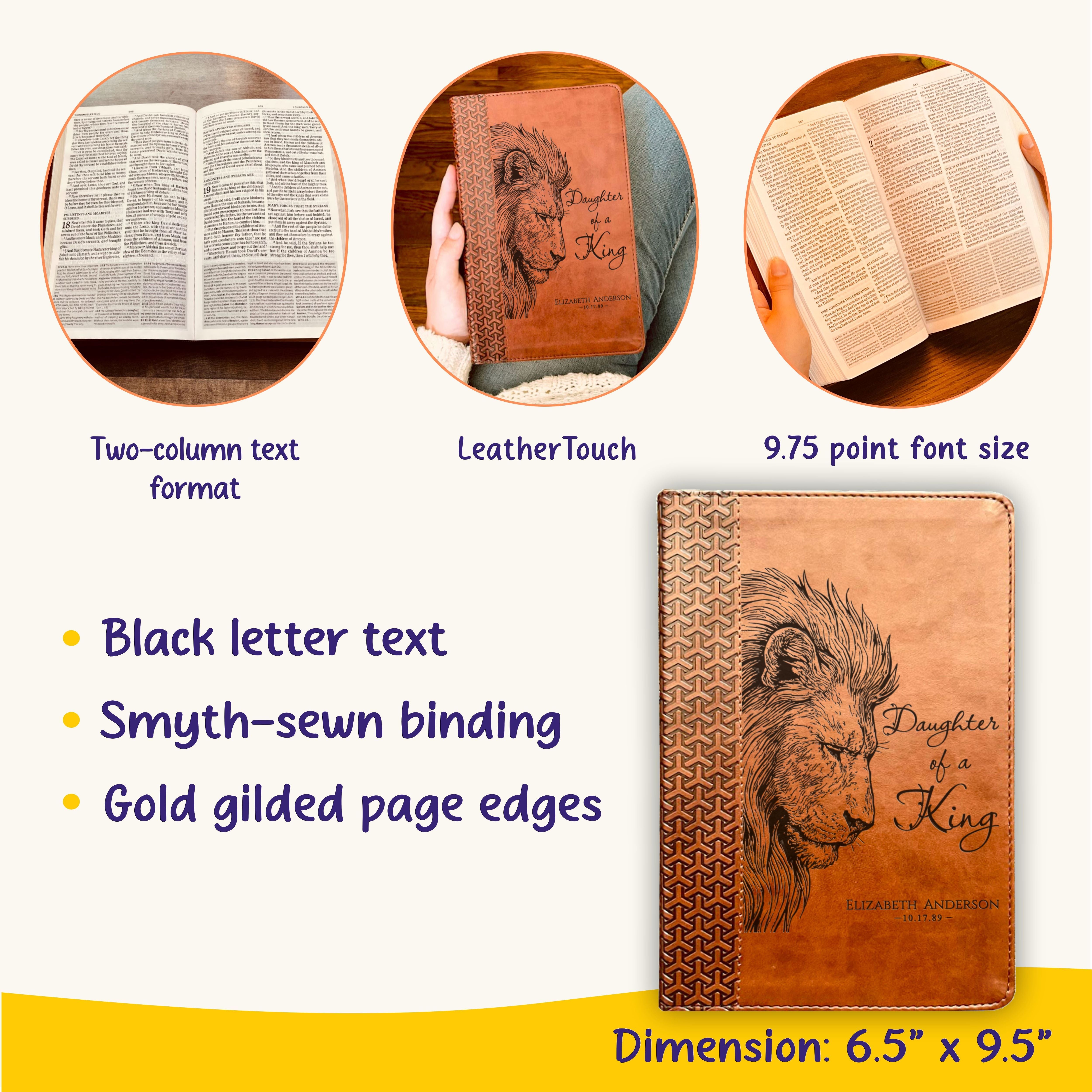 Personalized KJV Study Bible, Daughter of a King Lion Design, Custom Engraved Name, Christian Gift, Baptism Gift, Bible Gift for Her